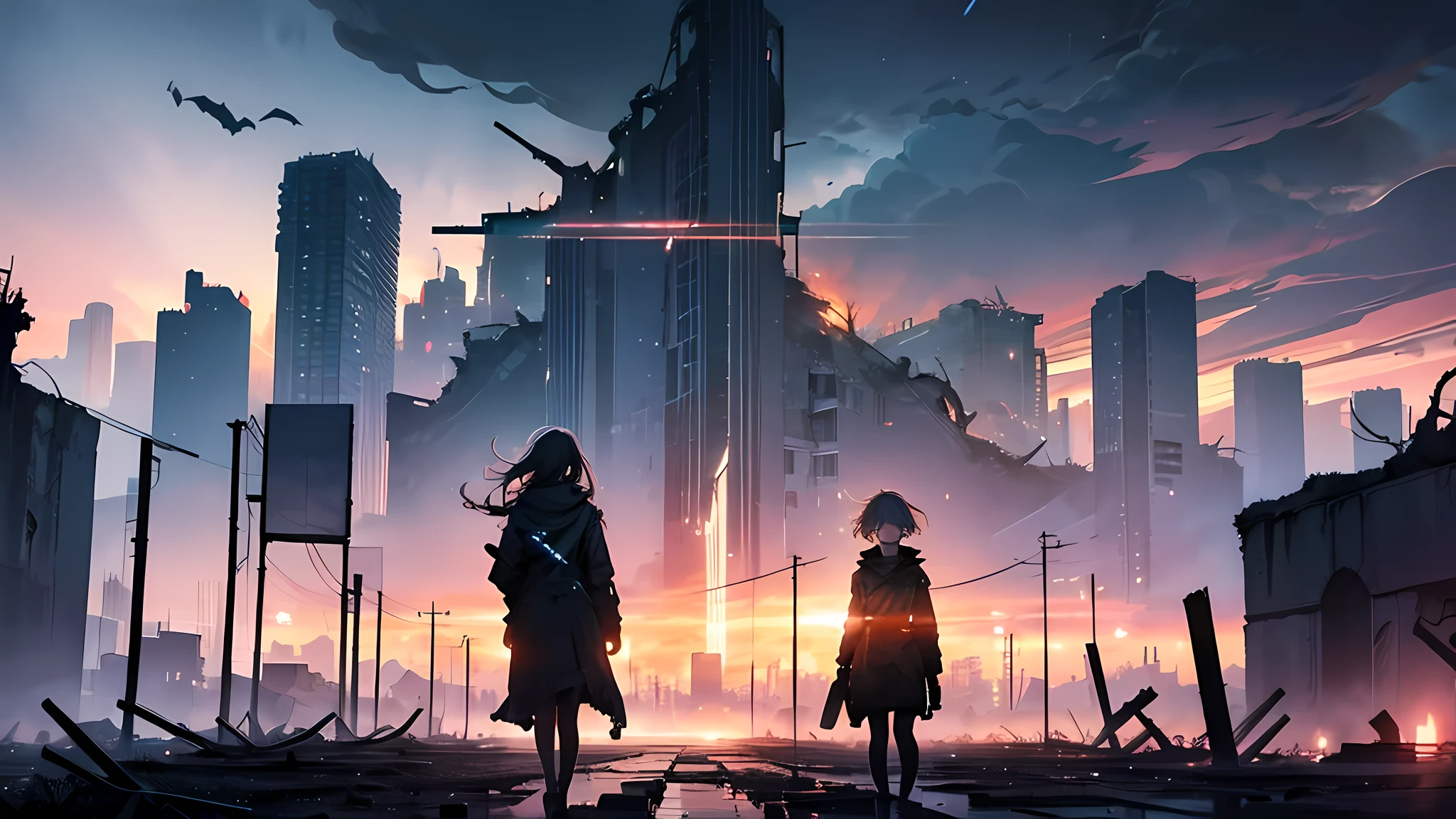 Digital art, ((forlorn)) girl wandering through a nuclear wasteland, flowers breaking through the destruction, eerie ruins under a tumultuous sky, ((desolate beauty)), ((emotional depth)), detailed, haunting