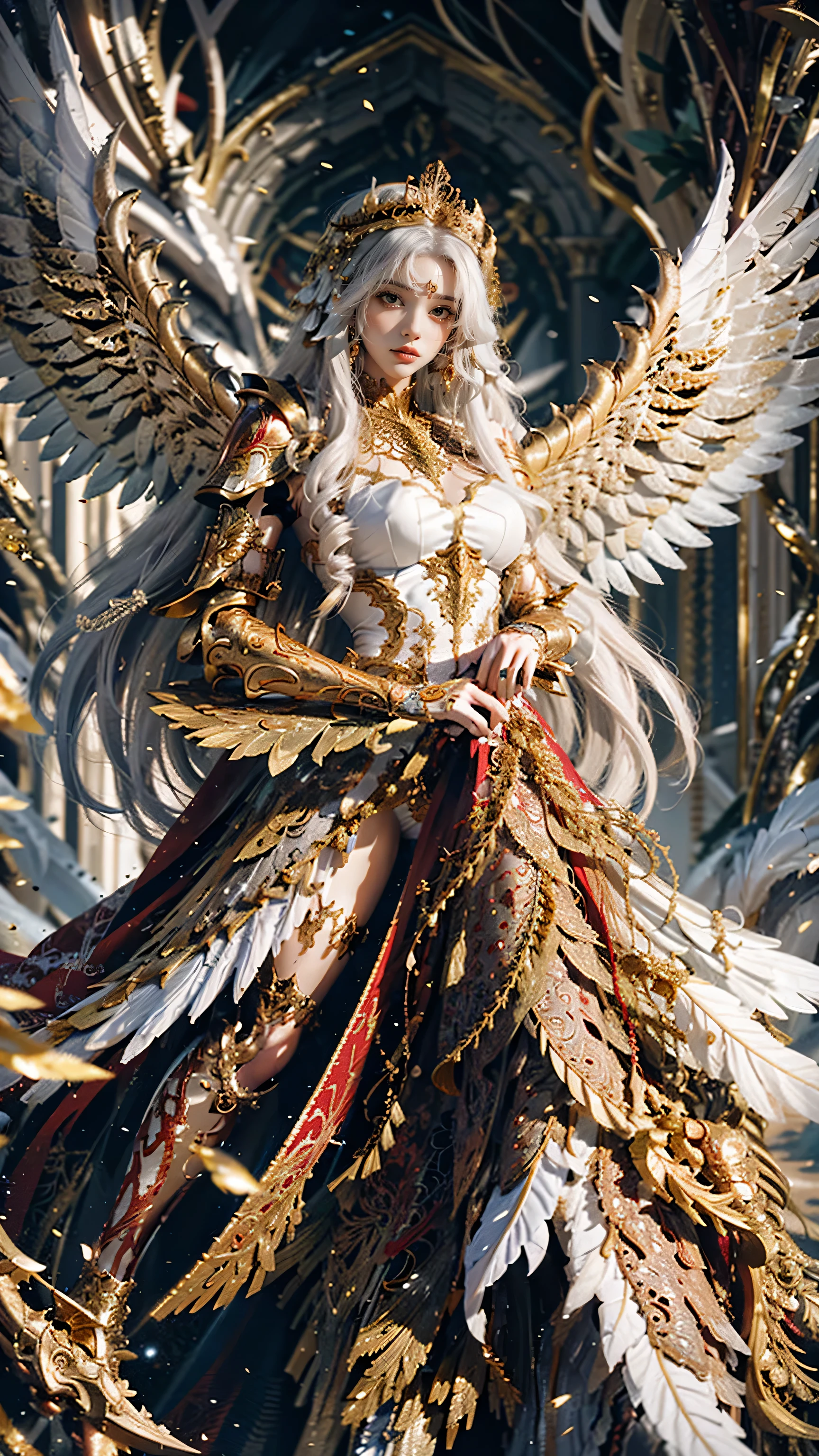 It depicts a beautiful woman flying full body with large wings in intricate red and gold armor. The armor is highly detailed and beautiful. Decorated with intricate designs and patterns. She has long flowing white hair that contrasts beautifully with the metallic color of the armor. The background is dark and blurred to ensure that the focus remains on the armor.