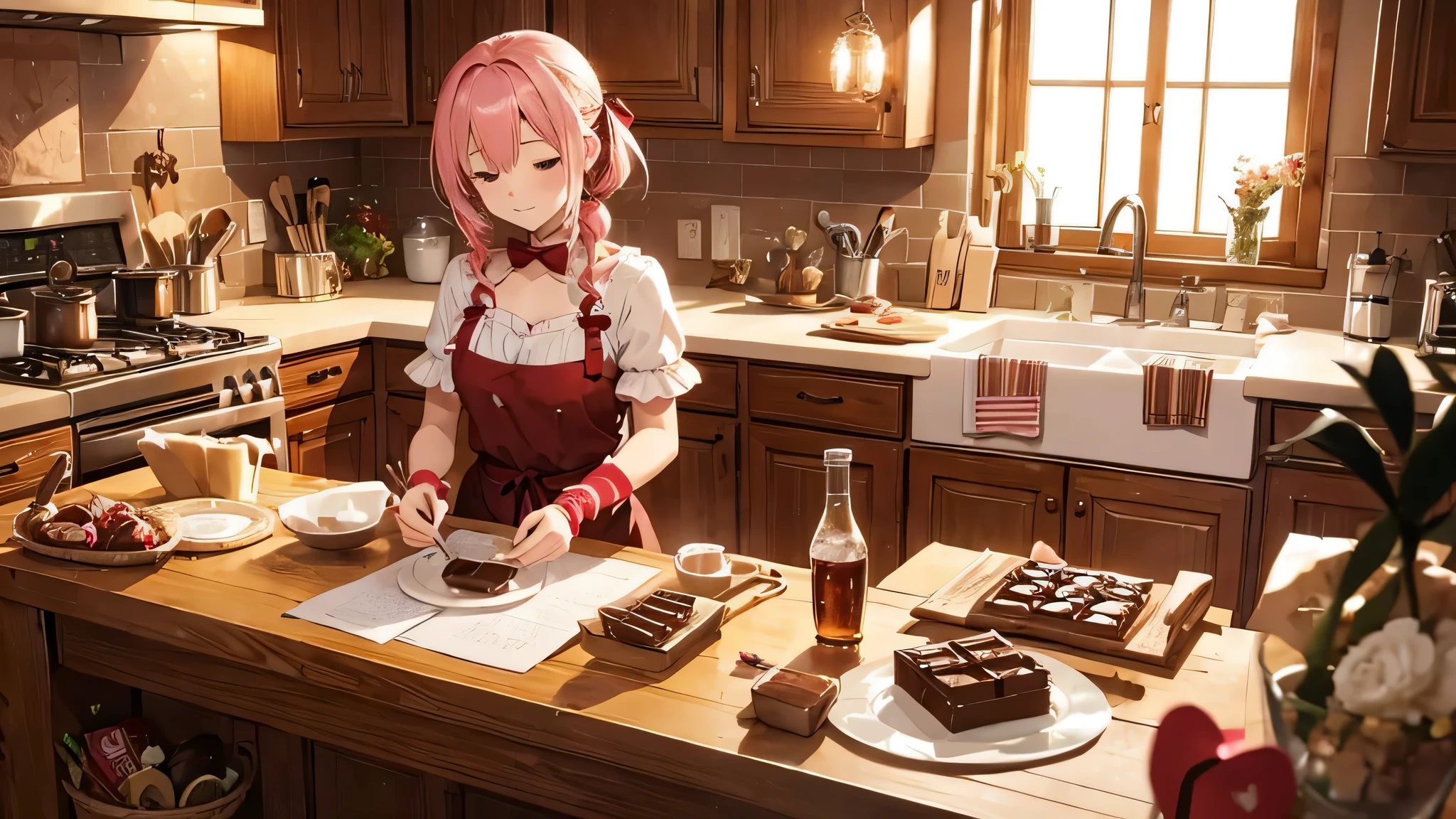 Preparation for Valentine&#39;s Day:

cozy anime characters, Kitchen with warm light, Surrounded by materials and tools for making chocolate. The character is focused on pouring melted chocolate into a heart shape, With ribbon, wrapping paper, Scattered with small cards, Offer to prepare personalized gifts. The atmosphere is one of anticipation and joy, When a character prepares a token of affection.