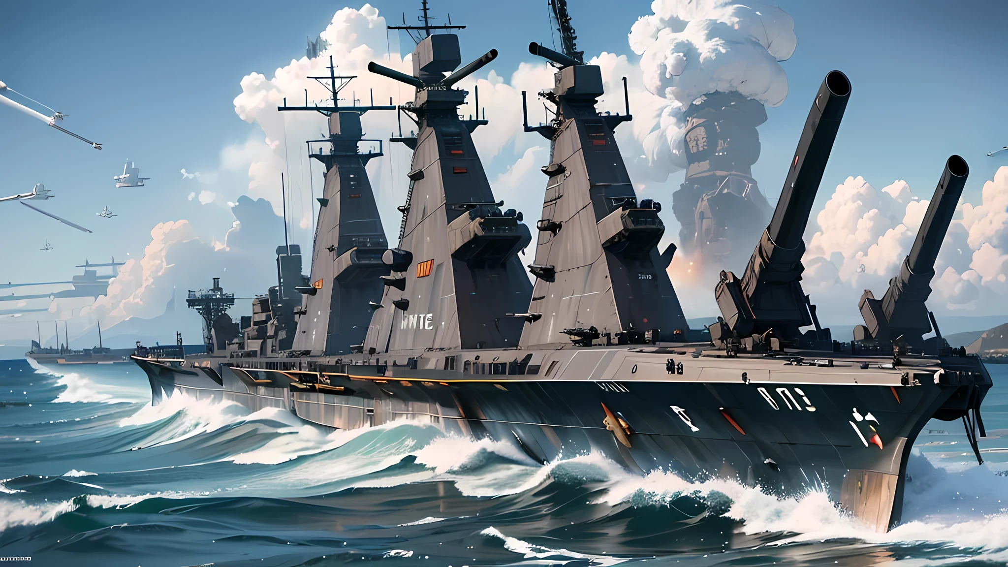 Realistic Detail,War Movie Scenes,Movie Perspective,(Science Fiction:1.8),No People,Ocean,War,Ballistic Missiles,(Modern Warships),(Modern Fighters),Missile Launcher,Bomb Warships,Bomb Realism