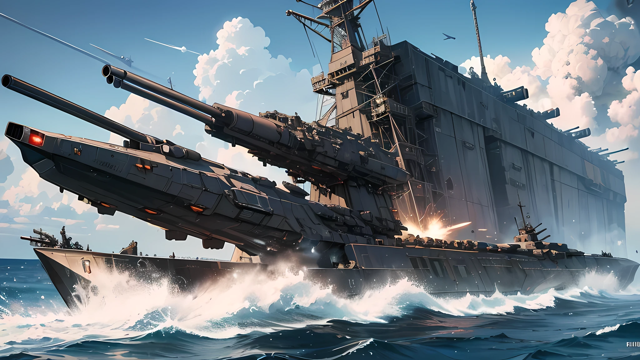 Realistic Detail,War Movie Scenes,Movie Perspective,(Science Fiction:1.8),No People,Ocean,War,Ballistic Missiles,(Modern Warships),(Modern Fighters),Missile Launcher,Bomb Warships,Bomb Realism
