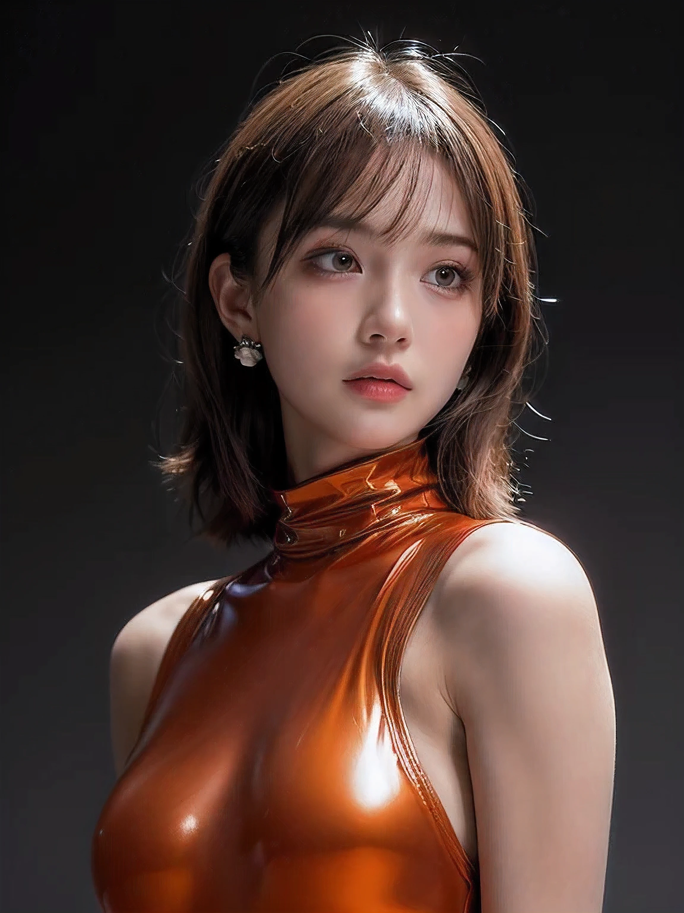 Generate hyper realistic image of a beauty portrait where shadows play a crucial role in sculpting the woman's features. Experiment with dramatic lighting to create intriguing shadows that highlight the contours of her face. 1女of子, beautiful face, earrings, (Portrait photography), wear (オレンジofタートルネックセーター:1.2) 彼女of顎まで, short black hair, (simple plain background)(Glamour:1.3) photo of a beautiful young girlfriend\(woman\) 彼女of中で (:1.3), 1女of子, 中分けof髪, (blush:0.5), (I get goosebumps:0.5), Scattered beneath the surface, 細かい肌of質感, rough skin, Realistic dull skin noise, eyeに見える皮膚of詳細, 肌of毛羽立ち, dry skin, perfect fingers, 注eyeに値する色, BREAK wear Vintage-inspired uniform with a fitted blouse, high-waist pants, , Destroying raw photos, realistic, dynamic_background, soft bounced lighting, (Upper bodyofフレーミング:1.3), (rule_of_3分of1:1.3), Strengthen,128K female models, huge breasts, eye, ((random super long style)), High resolution, Upper body, studio lightning, satin ((8K,UHD,(realistic:1.2)シャイニーコッパーオレンジofラテックススーツを着ています ((透明な光沢ofある成形された透明なプラスチックofキャットスーツ,perfect dramatic lighting,one piece swimsuit,Torn,Helm Differential