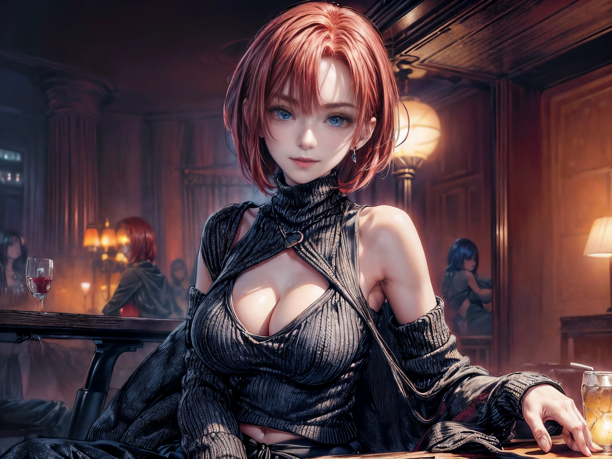 cinematic lighting、highly detailed skin,1 girl, highest quality,(bright、Atmosphere at the start of the girls' night out:1.3),(Beautiful woman、Detailed beautiful facial features、blue eyes:1.2)break.(One person has medium red bob hair.、smile:1.3)BREAK.(A tube top-style knit made of winter material with a large size and loose neckline..I can see the cleavage:1.3)Suit-like black wide pants、(night:1.3)Inside the bar with a stylish atmosphere、table、sit on a chair(Shot from the chest up:1.4)