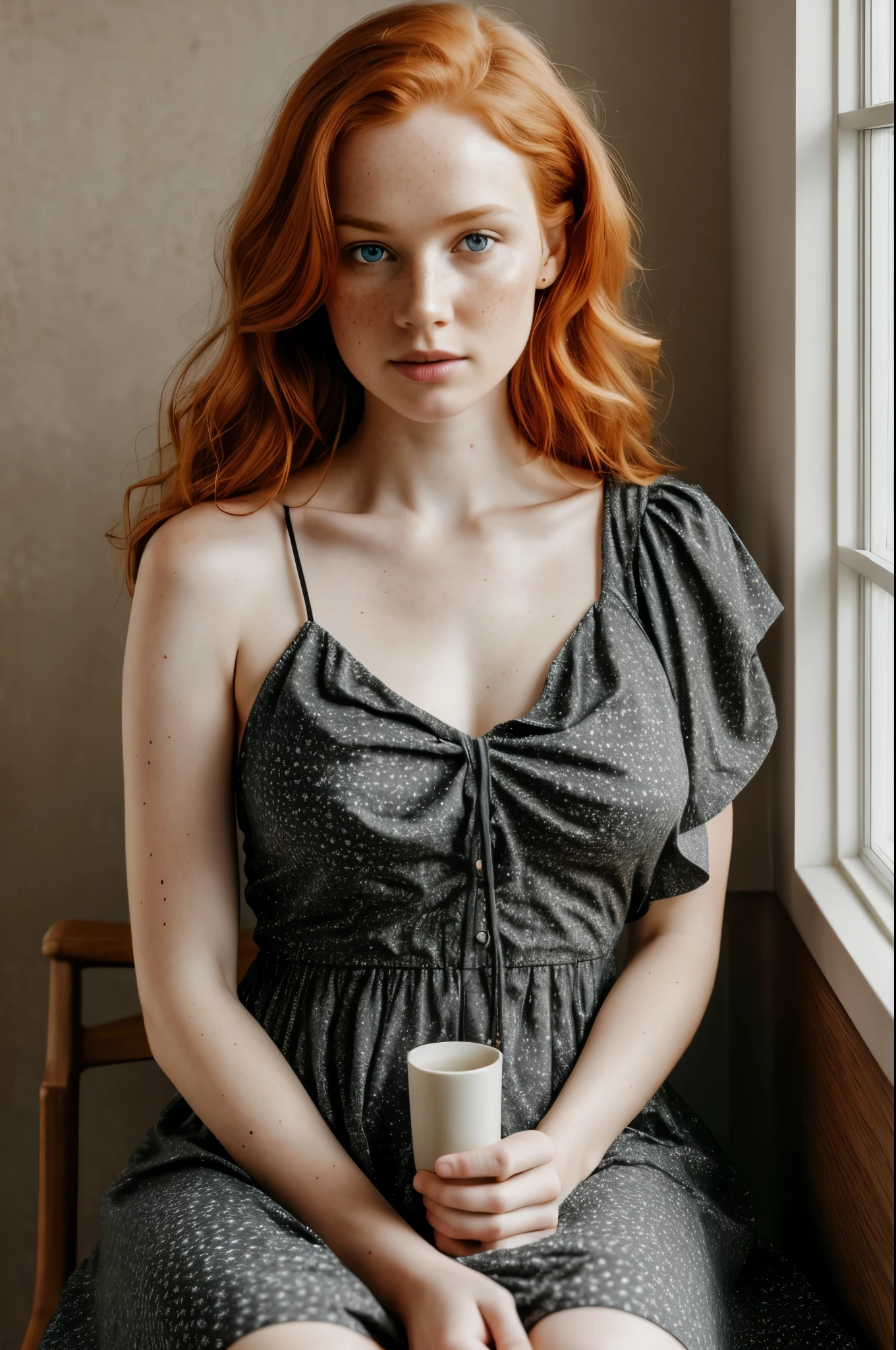 1girl in, age35, Solo, Aesthetic artwork, irish  redhead, wavy ginger hair, shoulder length ginger hair, gray eyes, light grey eyes, some small freckles, pale skin, A-cup, small breasts, runners body, (textured skin, skin pores:1.1), (moles:0.8), imperfect skin, goosebumps, sitting down having coffee, drinking coffee, (extremely detailed 8k wallpaper), soft lighting, high quality, film grain, Fujifilm XT3 sharp focus, f 5.6, 50mm, High Detail, Sharp focus,(natural light), in a black colored dress. A black sundress, floral pattern sundress, crazy details, complex details, hyperdetailed, nude, nipple