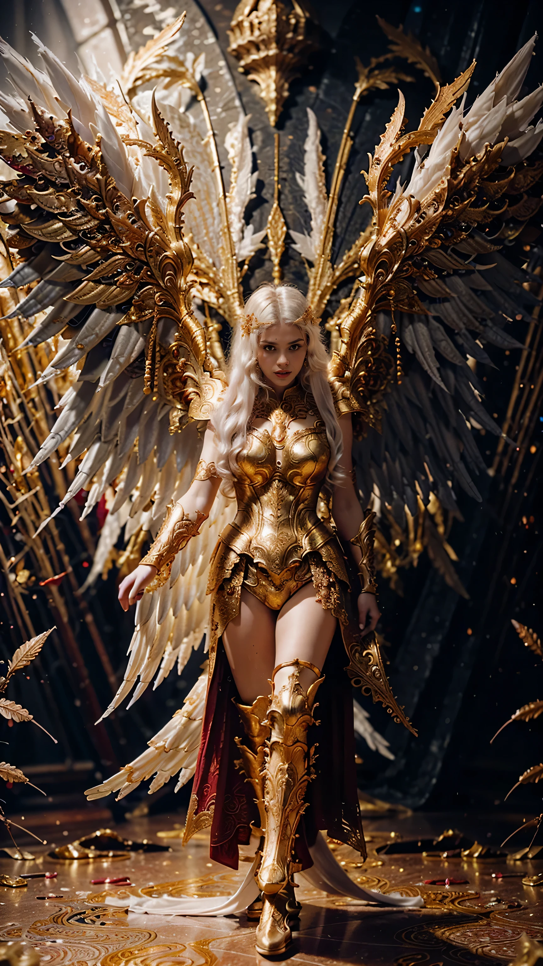 It depicts a beautiful woman flying full body with large wings in intricate red and gold armor. The armor is highly detailed and beautiful. Decorated with intricate designs and patterns. She has long flowing white hair that contrasts beautifully with the metallic color of the armor. The background is dark and blurred to ensure that the focus remains on the armor.