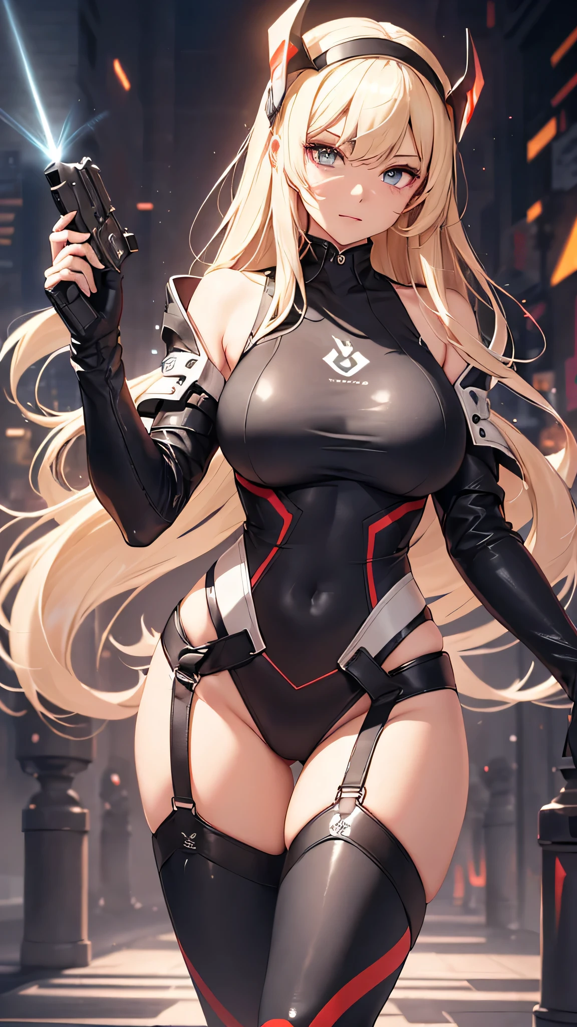 最high quality、best image quality、masterpiece、Android Girl((Robot body、20-year-old、 By becoming、vest bust、medium bust,wide open breast tea、black eye, blonde hair、long hair、thin,highest valley、glowing battle uniform、elationのある動き、Leaning forward heavily、Feeling of sprinting、glowing head visor、carry two handguns)),high quality、beautiful art、background((huge hall venue、high speed、Red laser))、debris flies、書かれた境界のdepth、movie、visual art、perfect art、8K,genuine、elation、Dynamic expression(1:2)、elation、depth((big explosion))