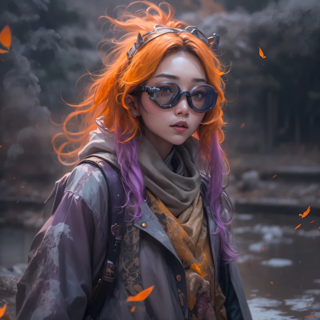 3679 BC cyberpunk year（masterpiece，HD，超HD，32k lotus root starch）Bright purple flowing hair，autumn pond， lotus root starch color， Asian （Michiko）， （silk scarf）， fighting stance， looking at the transparent balloon， Orange gradient long hair， ((Thick frame reflective jade windproof goggles))Floating bright purple， Fire cloud gold headdress， Chinese long-sleeved gold silk garment， （Abstract ink splash：1.2），mars background，lotus（realistically：1.4），bright purple hair，Smoke on the road，The background is very ivory、pure， high resolution， Detailed wind protection goggles， RAW photos lotus root starch， Sharp Re， Nikon D850 film photo by Jefferies Lee 4 Kodak Portra 400 camera F1.6 guns, rich and colorful, Super real、Vivid texture, dramatic lighting, Unreal Engine Art Station Trend, Silicon Nest 800