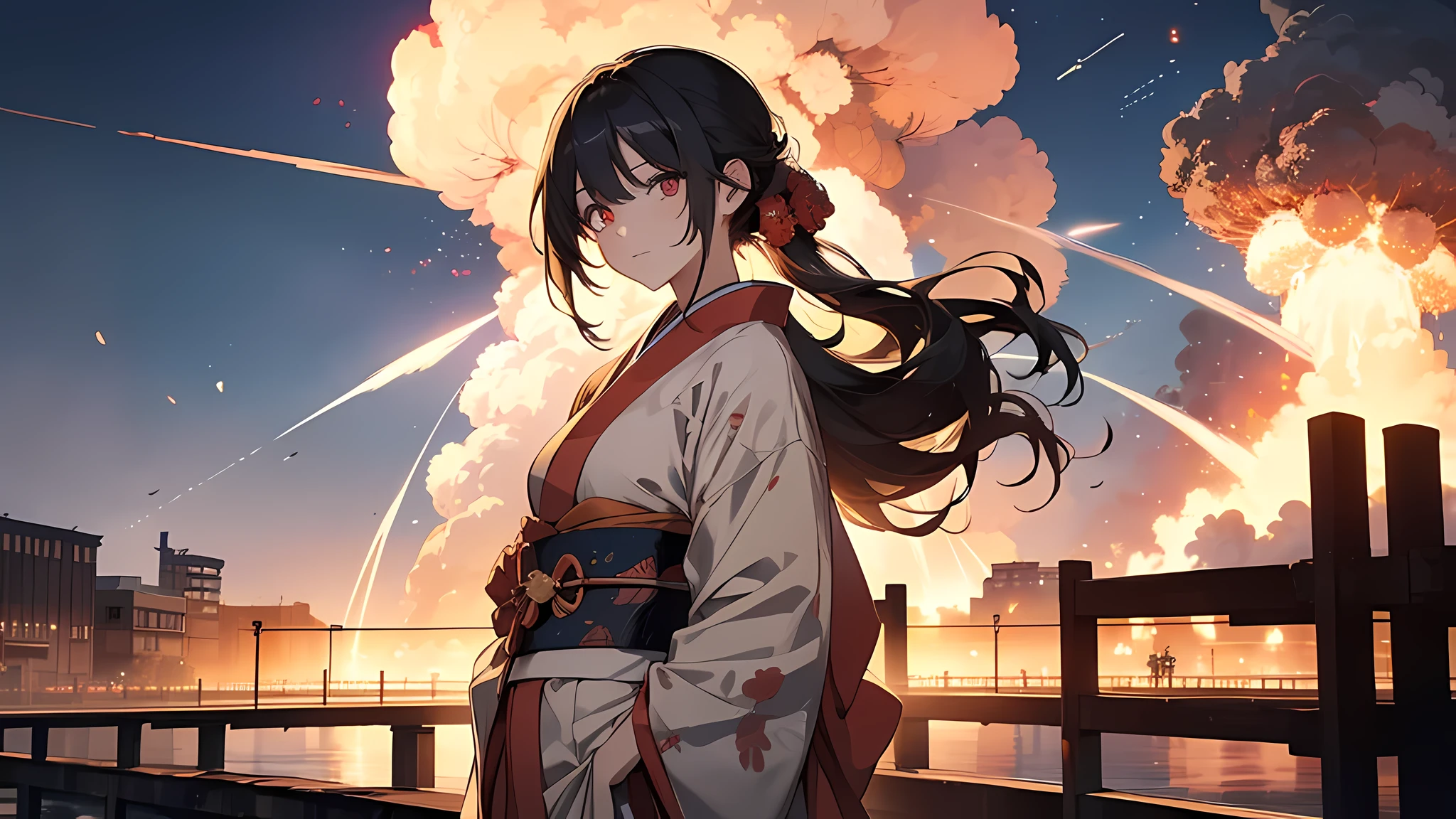 A beautiful Japanese woman, standing on a bridge, she is wearing a silk RED kimono she is sad, the sky is blue, a city in the distance on fire, (atomic Bomb Explosion in the sky) (portrait view) "Big explosion, perfect eyes, perfect body