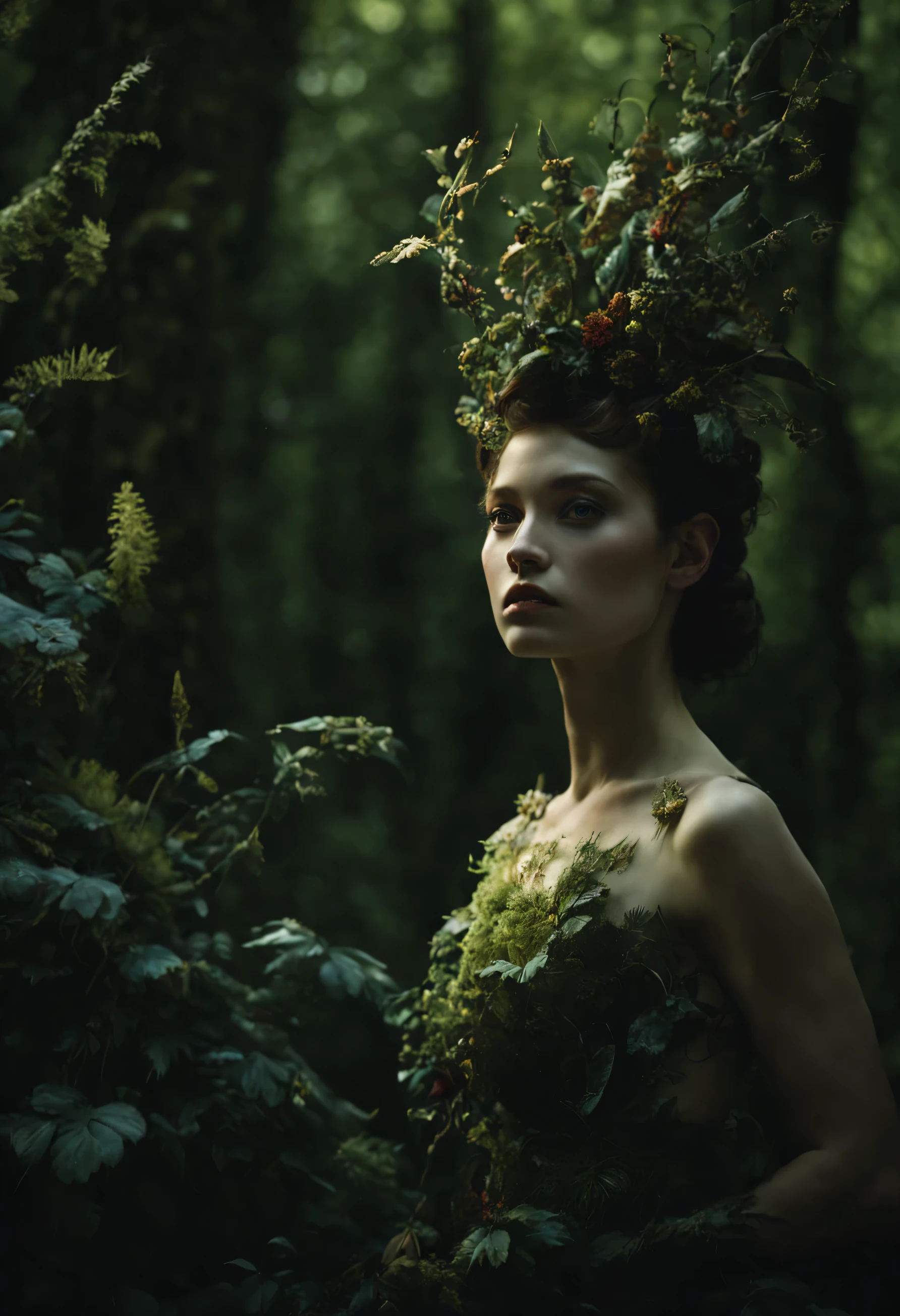 cinematic still, filmed by Guillermo del Toro, Amidst a deep dark forest, an enigmatic being appears totally nude full body --an amalgamation of flora and fauna, with vines for hair, eyes gleaming like embers, and skin adorned with iridescent scales