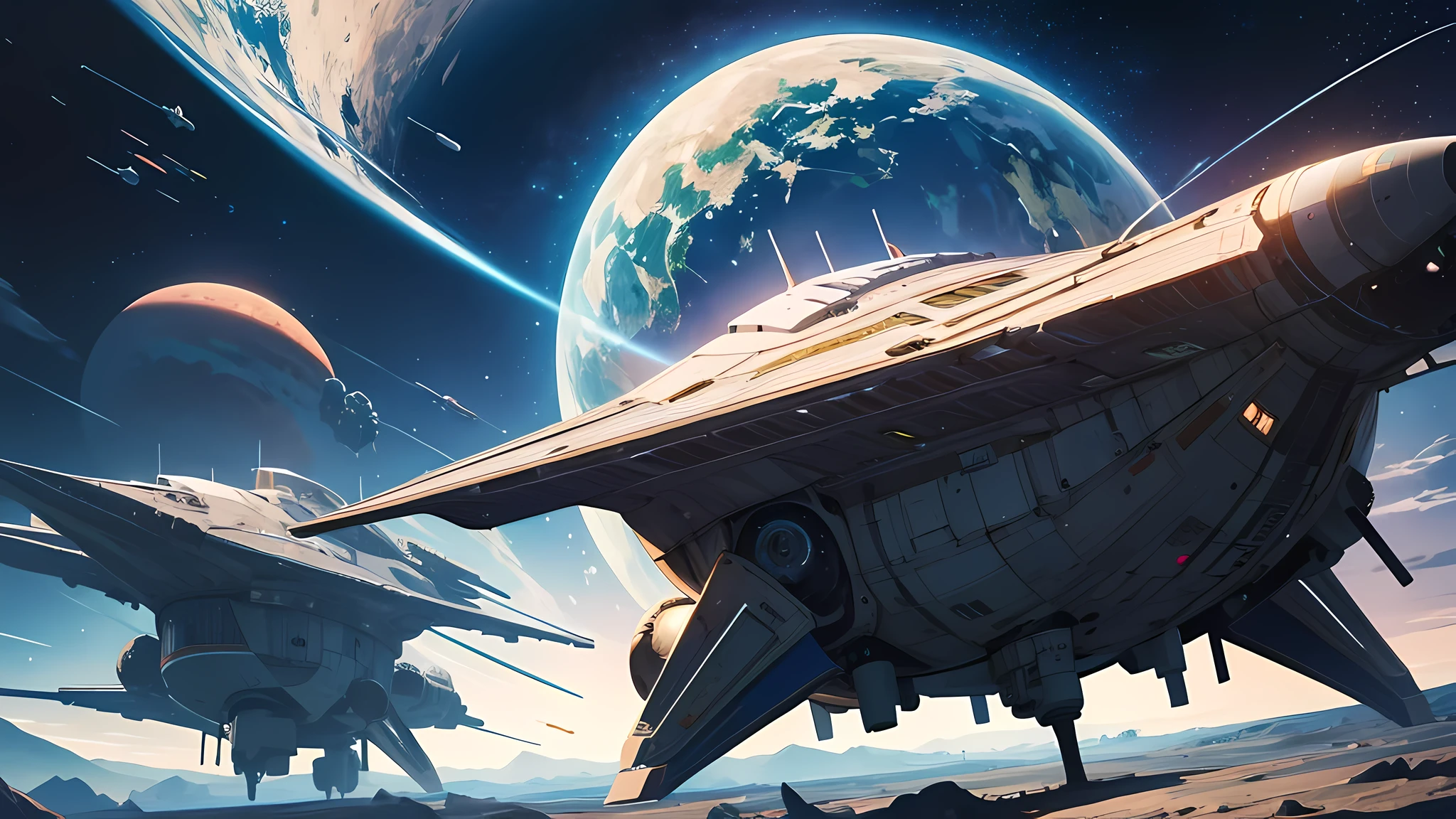 Best quality, masterpiece, ultra high res, detailed background, realistic, ground, spaceship, returning to planet earth, space background full of planets
