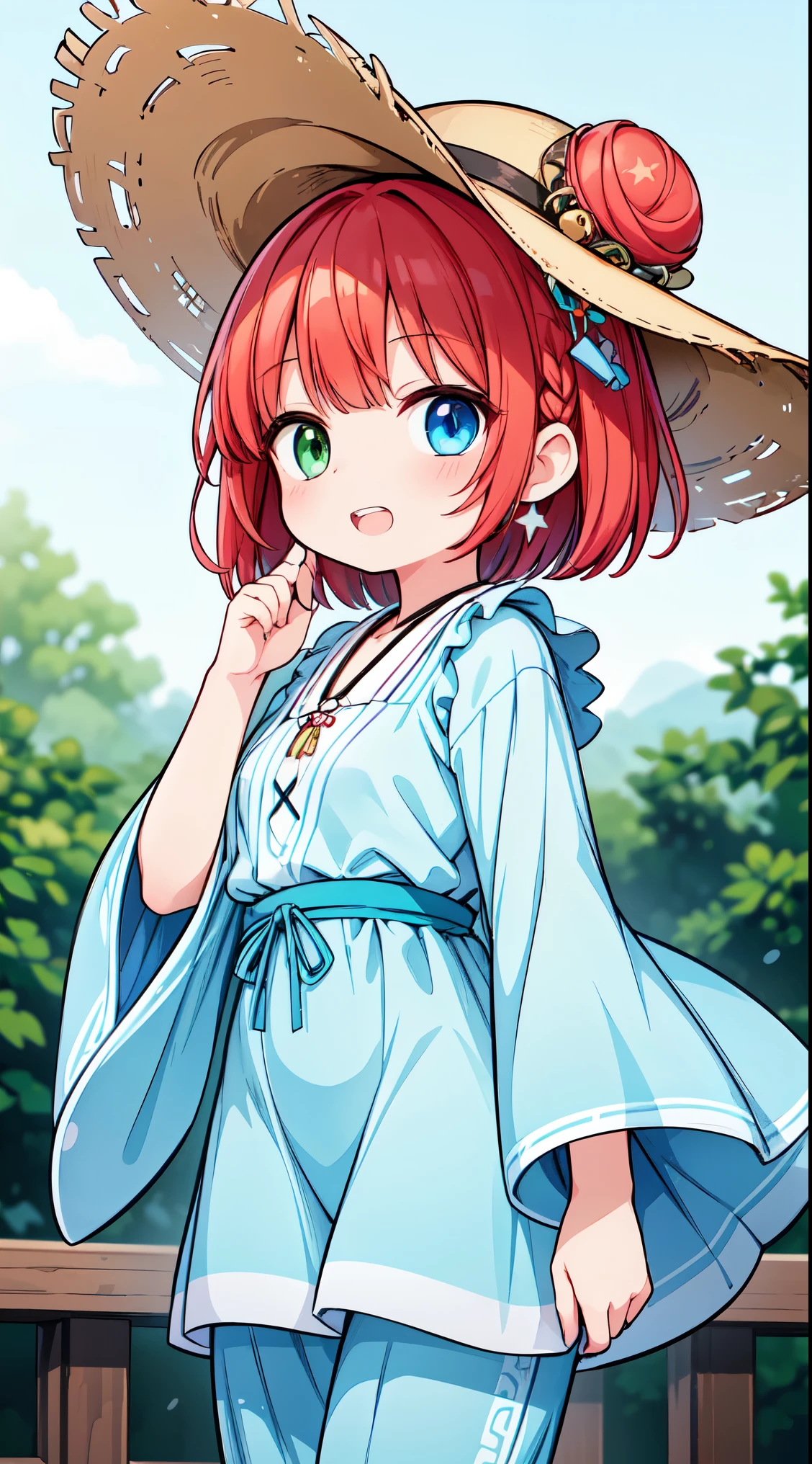 (fantastic illustration:1.4),(watercolor:1.25 ), (High_quality:1.4),(high_resolution:1.4),(high_definition:1.4),(tone_mapping:1.2),(color_field:1.3),(Detailed_Glow:1.2),(Best_Illumination:1.2),(Super_Detail:1.4),(Best_Light:1.3),(Intricate_Detail:1.2),(Hyper_Detail:1.2),(mixed_media:1.2),(multicolor:1.2),(magic_realism:1.4), atmospheric,BREAK 1 beautiful girl, (kawaii:1.5), (Chibi: 0.8), (kawaii: 1.5), (: 0.5), (7 years old girl), BREAK(Red hair, short-hair,Two buns hair:1.4),(:D,grin:1.3),BREAK ( Heterochromia,The blue eyes,The green eyes, Eye Highlights,The first hyperfine stars:1.45), star the eye silhouette thick eyelashes, naked double eyelids:1.2),(de pele branca), (The best smile,:D:1.45),nose blush,sleepy,grin, Hakka Inspired Bohemian Chic, A Hakka-inspired blouse with vibrant embroidery or geometric patterns, Wide-leg pants in a complementary color for a bohemian flair, Incorporate earthy tones and natural fabrics for a relaxed look, BREAK A wide-brimmed straw hat adorned with fabric or floral embellishments, Wooden accessories such as bangles or earrings inspired by Hakka culture, Comfortable sandals or espadrilles for a laid-back vibe, BREAK Loose waves or braids for a carefree and bohemian hairstyle, Subtle and natural makeup with a focus on earthy tones, Minimalistic jewelry to maintain the relaxed and boho-inspired aesthetic, BREAK BREAK,wakame,wakame,wakame,(from front above,cowboy shot:1.5) , hanging breasts, nose blush, heavy breathing, steam, ((:o):1.2), BREAK, ,(Blurry background:1.3),(absurderes, hight resolution, Super Detail Art),cel shading,Clear Color, Lonely optical effect, Beautiful pictures, Bright glow, mystic atmosphere,(Close-up of girl:0.8), Mystical light particle effect,manga influence, clean line drawings,