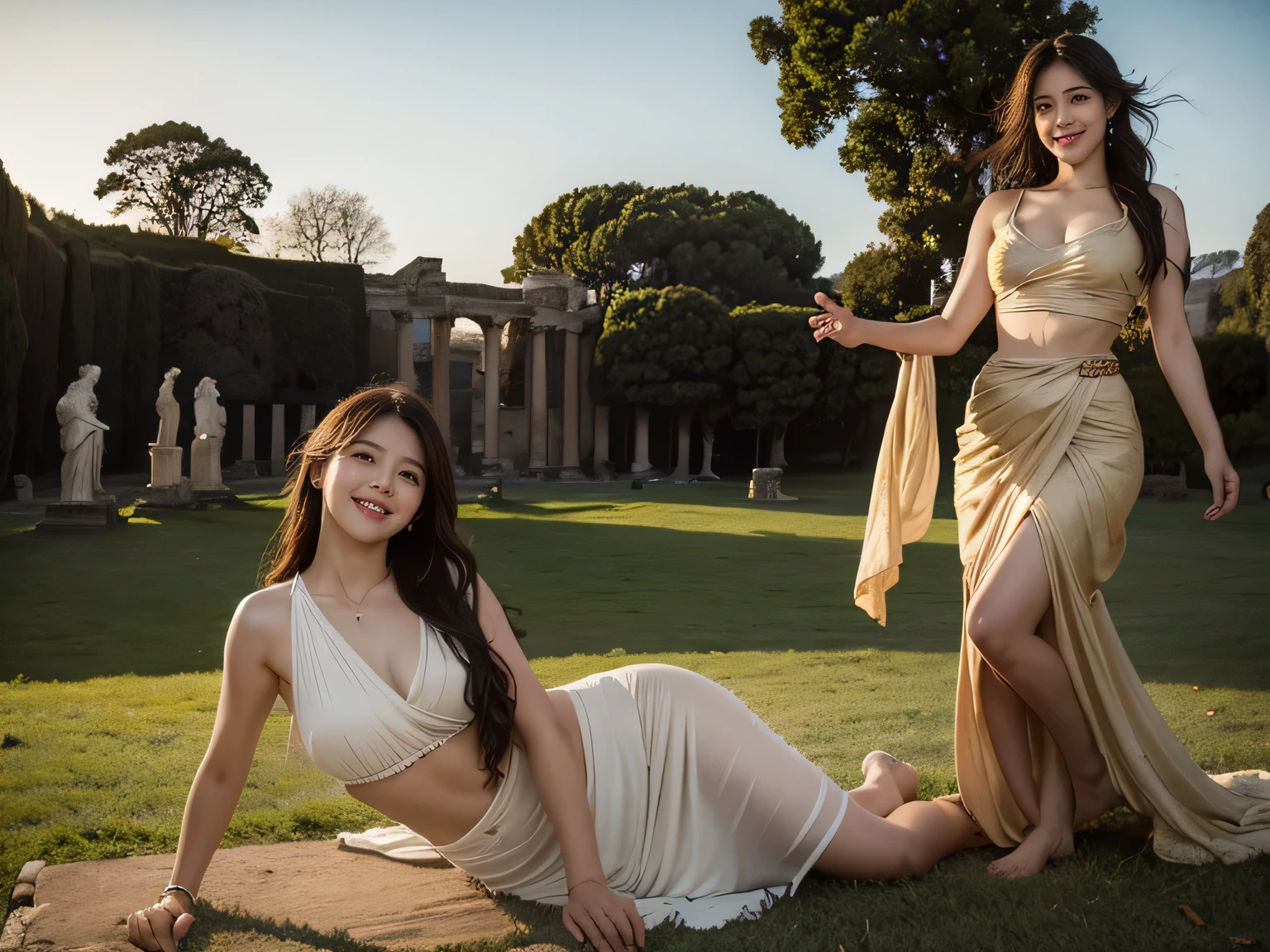 full body portrait or statue,Ancient Roman ruins,Poussin-style landscape,A smile,,Sweet and seductive appearance.、Caravaggio's paintings、Chiaroscuro of Caravaggio、Hair disheveled in the wind,Two women frolicking,Cute smile, Expression of ecstasy,A sexy,Erotic