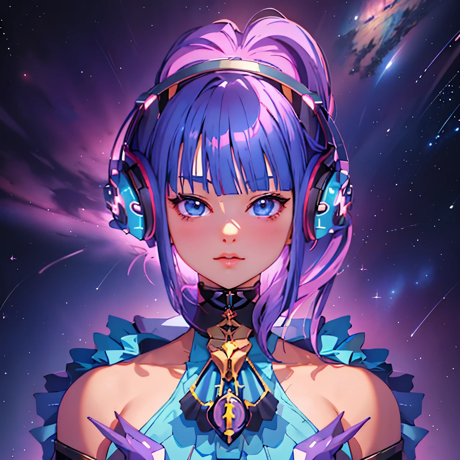 Close-up of a person wearing headphones and a dress, zodiac girl portrait knight, live2d virtual YouTuber model, perfect anime cyborg woman, perfect android girl, I deny that matter, portrait anime space cadet girl, anime moe art style, digital anime illustration, Future Anime Girl, Created at Anime Artist Studio, anime girl with space hair, anime character