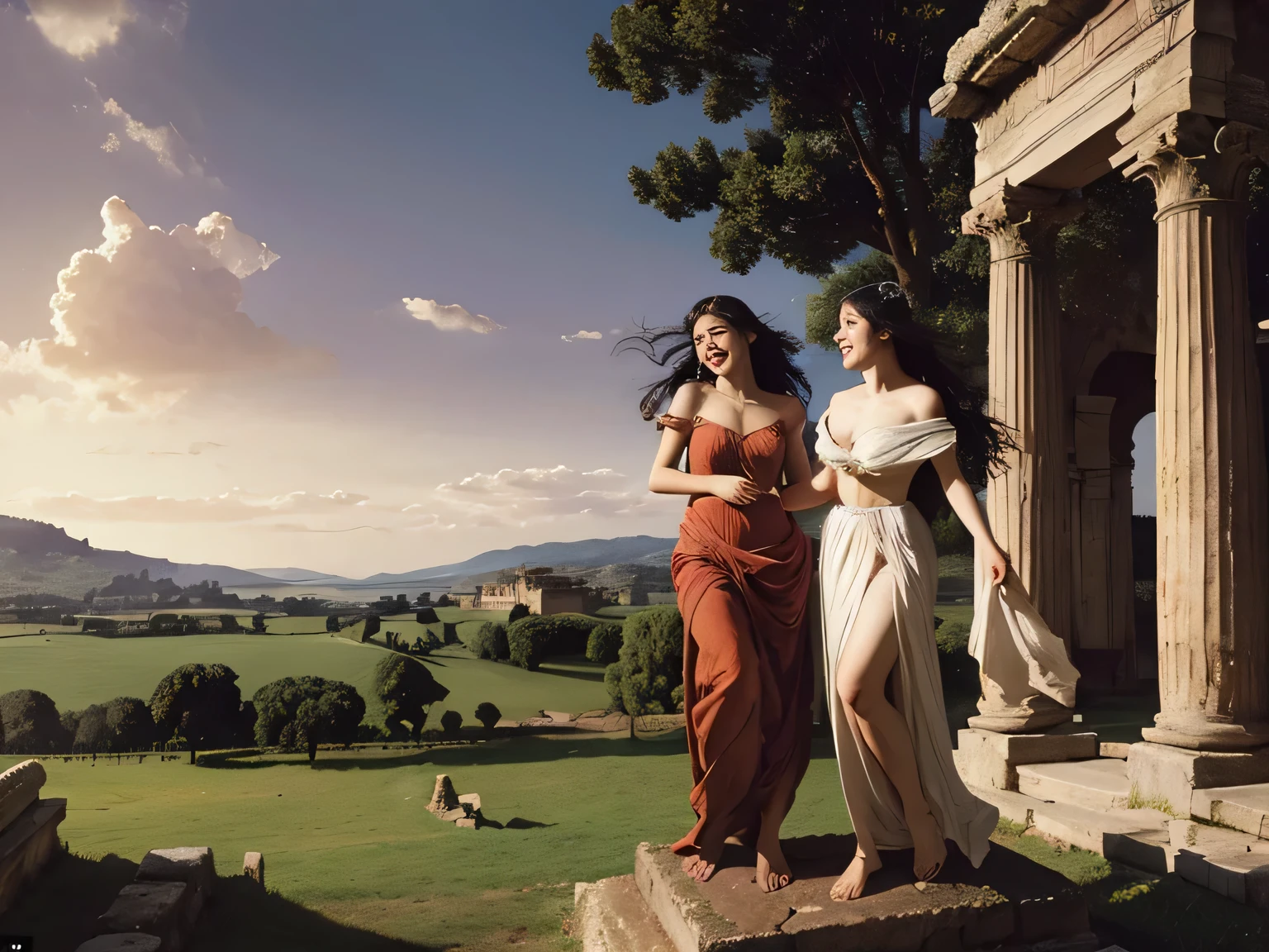 full body portrait or statue,Ancient Roman ruins,Poussin-style landscape,A smile,,Sweet and seductive appearance.、Caravaggio's paintings、Chiaroscuro of Caravaggio、Hair disheveled in the wind,Two women frolicking,Cute smile, Expression of ecstasy,A sexy,Erotic