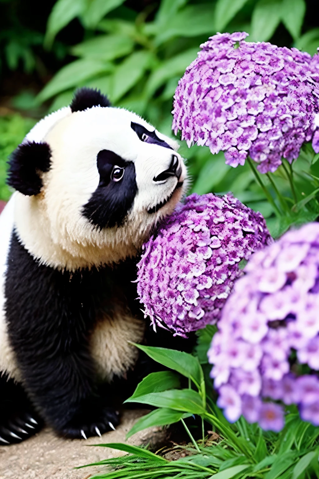 panda、purple flowers、phlox、nature、real、、cute