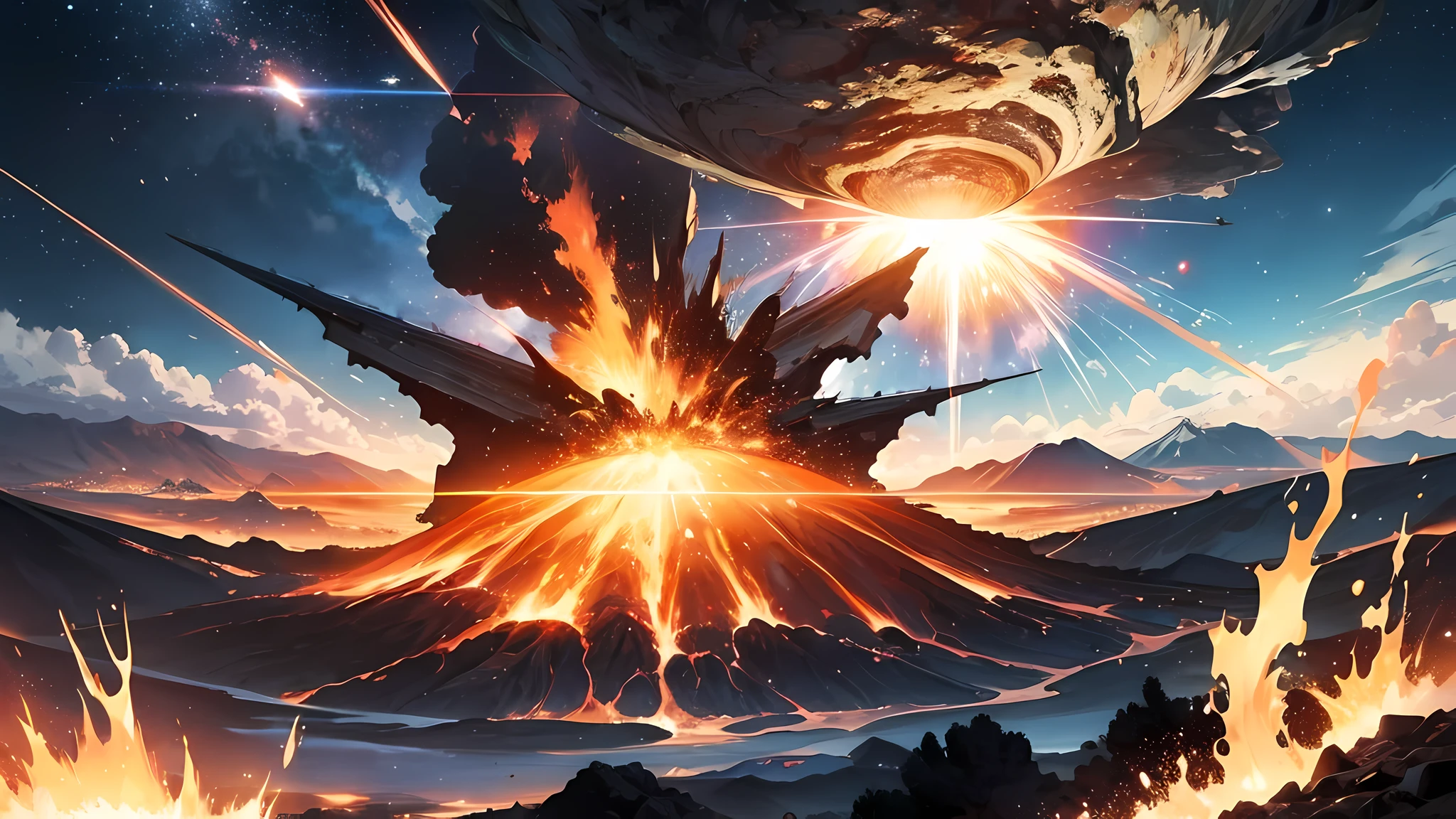Exploding volcano，magma splash，giant flying saucer inside a crater，super-fine，Works of masters，The highest image quality，ultraclear，8K分辨率
