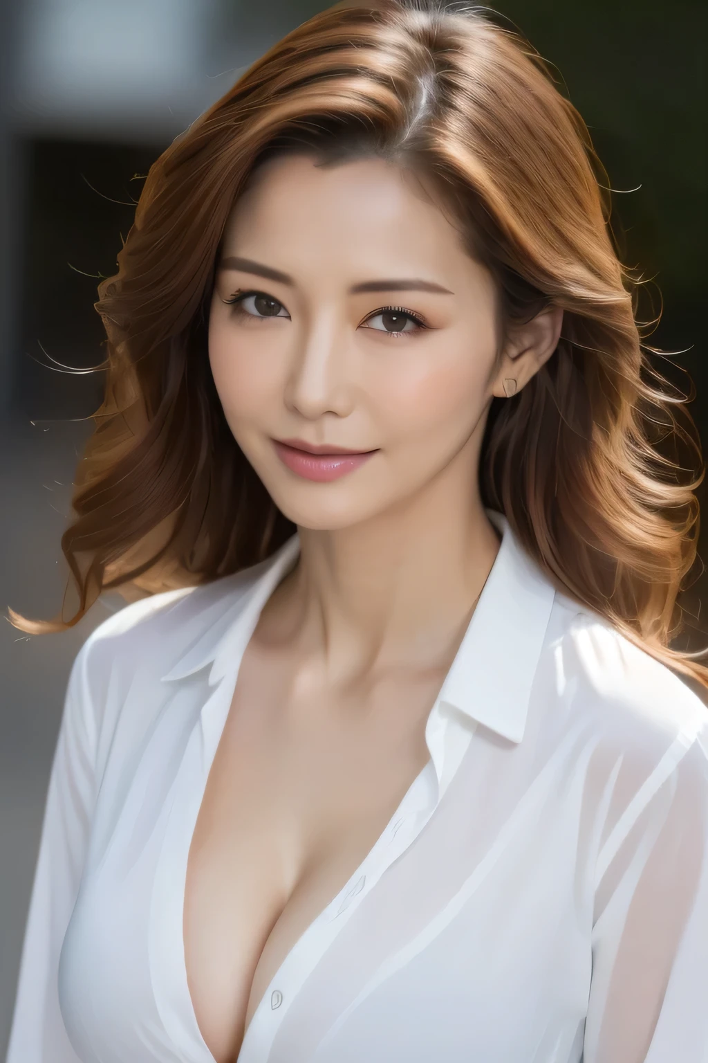 ((highest quality, 8K, masterpiece: 1.3)), sharp: 1.2, perfect body beauty: 1.4, slim abs: 1.2, ((layered hairstyles, big breasts: 1.2)), (Wet White Button Long Shirt: 1.1), (rain, street: 1.2), Wet: 1.5, Highly detailed face and skin texture, fine eyes, double eyelid, View from the side looking at the camera