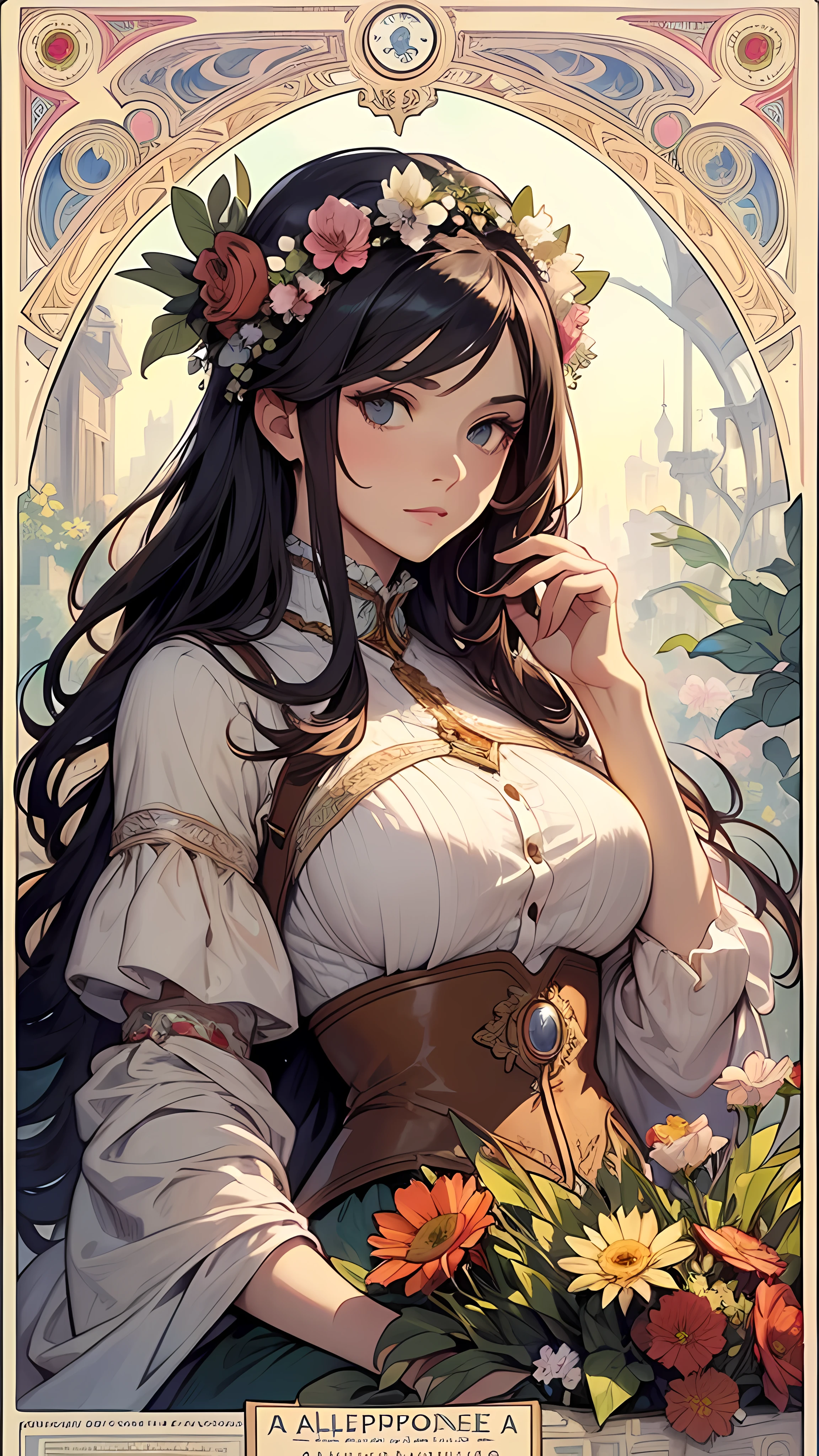 a woman with long hair and flowers in her hair is featured in a poster for alphonse mucha's the alphonse mucha by Alphonse Mucha