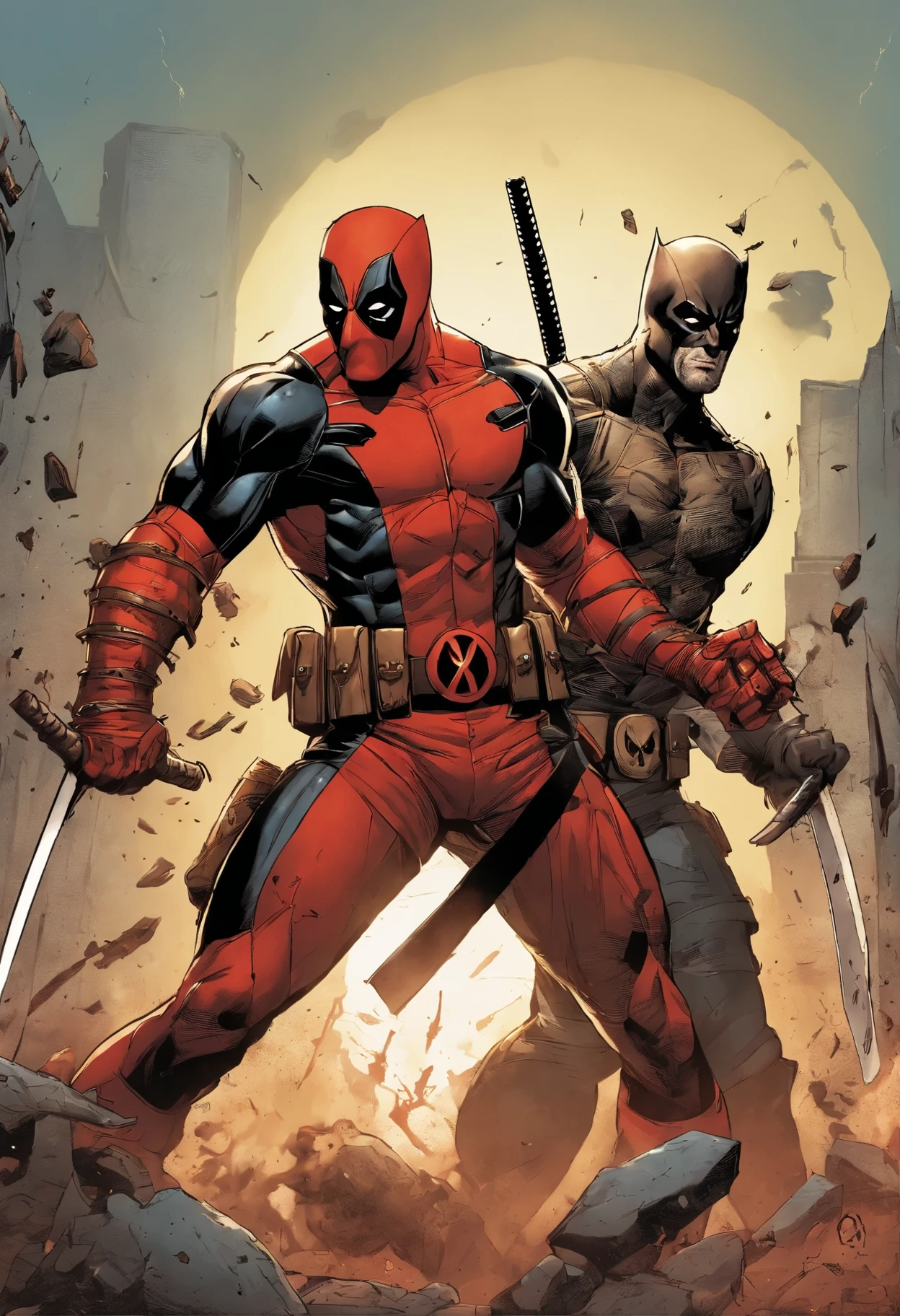 A bloody 🩸 confrontation between Deadpool and Wolverine, In a post-apocalyptic setting. The two mutants are bloody and bruised.., and their suits are torn. Deadpool blande sus katanas, while Wolverine wields his sharp steel claws to pierce Deadpool's lung. La batalla es feroz, And the two fighters are giving everything.. --con 2:1