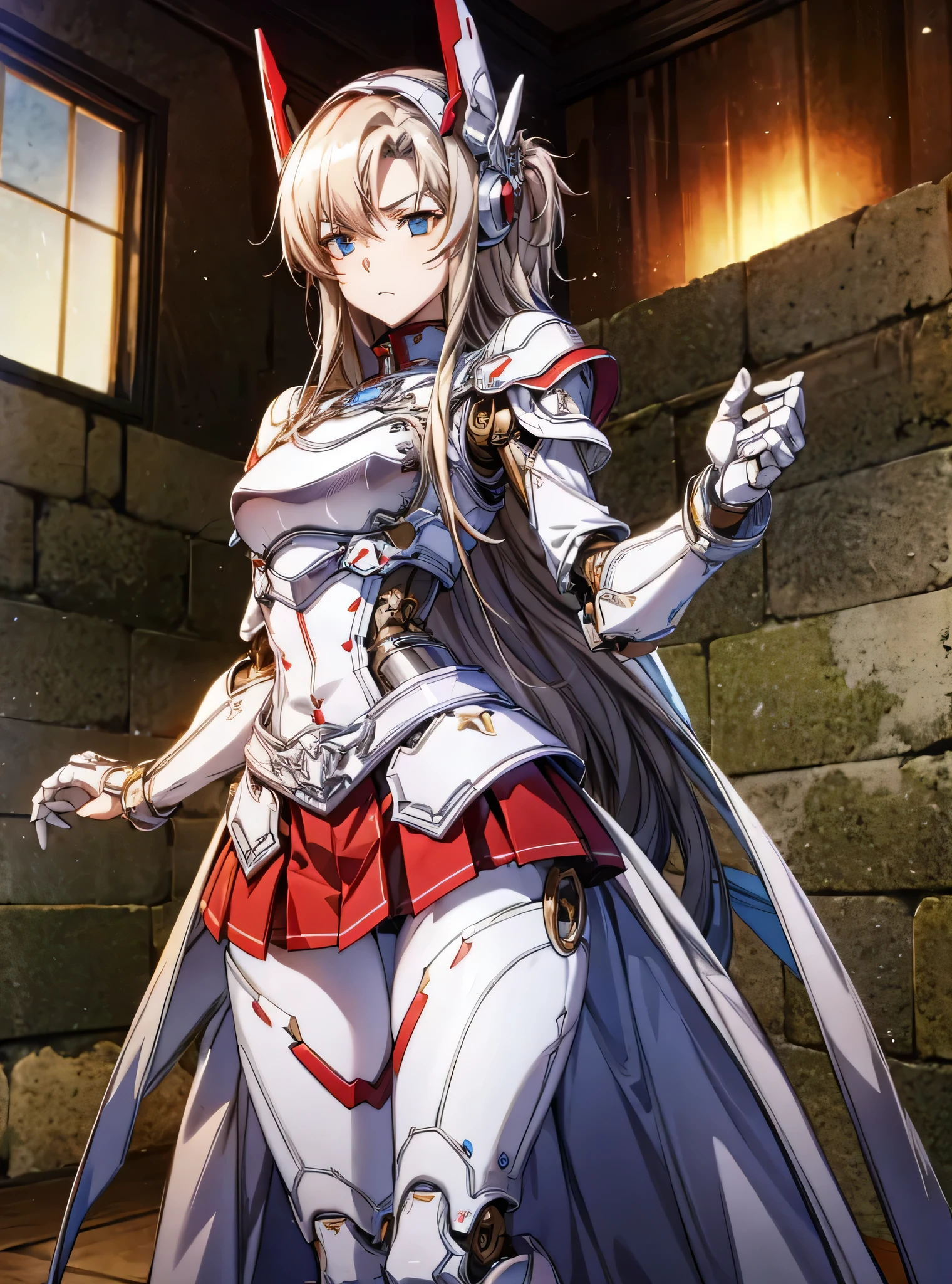 highest quality、unity 8k wallpaper、32K、masterpiece、Super detailed、ultra high resolution、ultra high resolution、android yuuki asuna、Blood Alliance Knight、Androidization、robot girl、red and white armor and dress、mechanical limbs、mecha musume、mechanical parts、複雑に表現されたスーパーrobot joints、robot joints、robot fingertips、single mechanical arm、mechanical arm、headgear、headset、Complex mechanical bodies、Mechanical corset covered with dense armor.、stiletto heels、Realistic and complex camera eye、A complex fusion of body and machine、Legs covered in white and red armor、robot knee joint、mechanical fingers、Eyes like a mechanical camera、anatomically accurate machine、The whole body is covered with machines、covered in red and white armor、beautiful posture、upright、princess half up hairstyle、red pleated skirt、Thighs peeking out from the skirt、robot fingertips、abdomen covered with intricate armor、