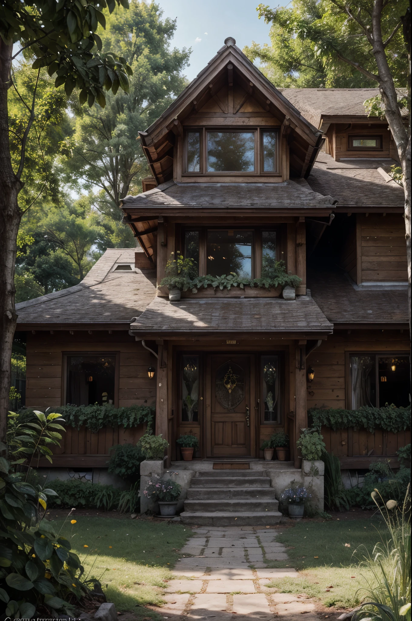 by Casey Baugh,Anton Pieck, This illustration depicts a whimsical cottage enveloped by lush vegetation,nestled within a verdant and thriving forest. The architectural style of the cottage is unique,featuring pointed roofs and arched windows,with the entire structure being overtaken by green plants and vines,evoking a sense of age-old mystery. The warm yellow light emanating from inside hints at habitation or suggests that this might be a magical place. In the scene,birds are perched on the rooftop and tree branches,infusing life and a natural essence into the image. Overall,this illustration skillfully combines elements of reality and fantasy to create an enchanting and harmonious atmosphere reminiscent of scenes from fairy tales. Stylistically,it leans towards fantasy illustration,employing rich colors and meticulous details to craft an engaging imaginary world, masterpiece,best quality,highly detailed,ultra-fine painting,sharp focus,physically-based rendering,extreme detail description,Professional,UHD,8K,gilding\\(style\\),