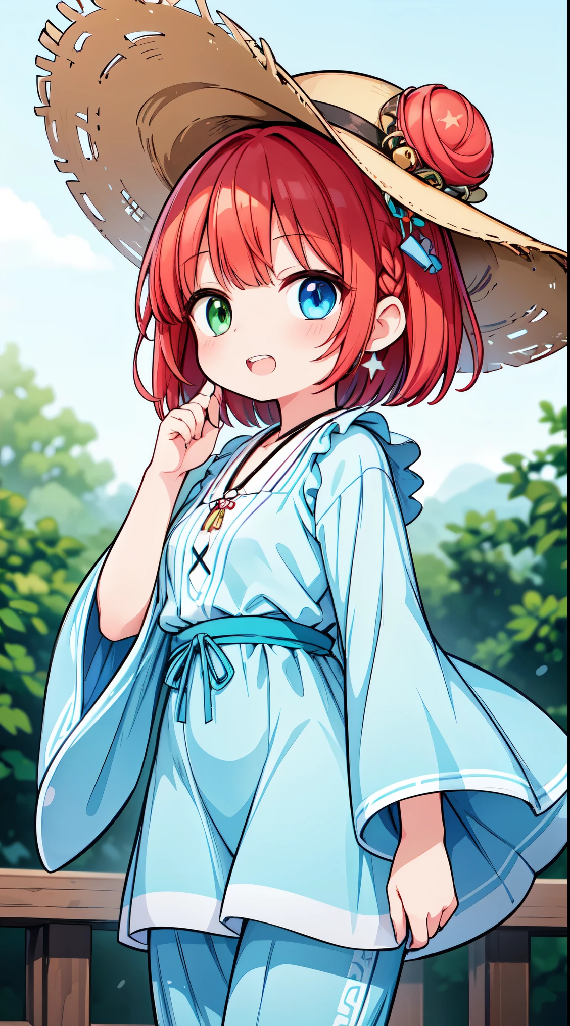 (fantastic illustration:1.4),(watercolor:1.25 ), (High_quality:1.4),(high_resolution:1.4),(high_definition:1.4),(tone_mapping:1.2),(color_field:1.3),(Detailed_Glow:1.2),(Best_Illumination:1.2),(Super_Detail:1.4),(Best_Light:1.3),(Intricate_Detail:1.2),(Hyper_Detail:1.2),(mixed_media:1.2),(multicolor:1.2),(magic_realism:1.4), atmospheric,BREAK 1 beautiful girl, (kawaii:1.5), (Chibi: 0.8), (kawaii: 1.5), (: 0.5), ( girl), BREAK(Red hair, short-hair,Two buns hair:1.4),(:D,grin:1.3),BREAK ( Heterochromia,The blue eyes,The green eyes, Eye Highlights,The first hyperfine stars:1.45), star the eye silhouette thick eyelashes, naked double eyelids:1.2),(de pele branca), (The best smile,:D:1.45),nose blush,sleepy,grin, Hakka Inspired Bohemian Chic, A Hakka-inspired blouse with vibrant embroidery or geometric patterns, Wide-leg pants in a complementary color for a bohemian flair, Incorporate earthy tones and natural fabrics for a relaxed look, BREAK A wide-brimmed straw hat adorned with fabric or floral embellishments, Wooden accessories such as bangles or earrings inspired by Hakka culture, Comfortable sandals or espadrilles for a laid-back vibe, BREAK Loose waves or braids for a carefree and bohemian hairstyle, Subtle and natural makeup with a focus on earthy tones, Minimalistic jewelry to maintain the relaxed and boho-inspired aesthetic, BREAK BREAK,wakame,wakame,wakame,(from front above,cowboy shot:1.5) , hanging breasts, nose blush, heavy breathing, steam, ((:o):1.2), BREAK, ,(Blurry background:1.3),(absurderes, hight resolution, Super Detail Art),cel shading,Clear Color, Lonely optical effect, Beautiful pictures, Bright glow, mystic atmosphere,(Close-up of girl:0.8), Mystical light particle effect,manga influence, clean line drawings,