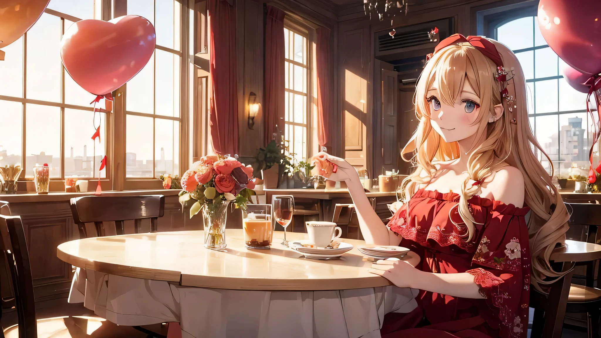 anime style girl with long hair, wavy blonde hair, Decorated with red hair accessories. she has sparkling eyes and a kind smile, wearing red, Off-the-shoulder top with delicate lace and flower decorations. The girl is sitting at a table in a cafe, Heart-shaped balloons and roses are around her, warm, A comfortable atmosphere surrounded by the soft light of the sunset shining through the window. The scene captures a romantic atmosphere, A dreamy Valentine's Day feeling.