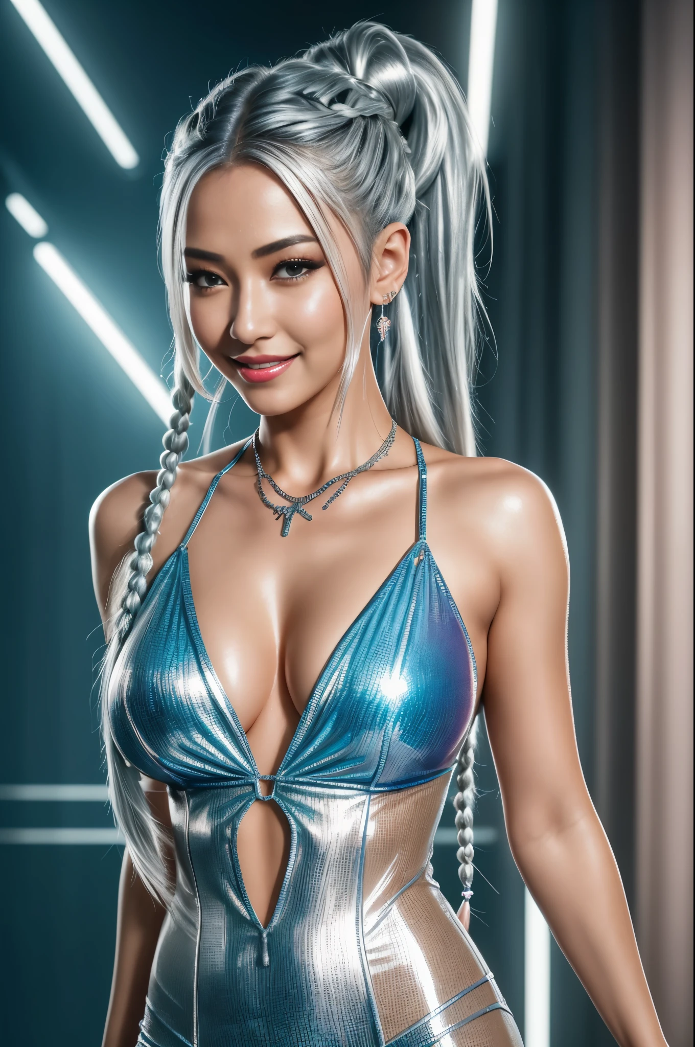 Cyber City,The actress is a very beautiful Western adult woman, Sexy super shiny fluorescent orange holographic cyberpunk suit:1.3 ,Sexy face, a necklace,piercings, Happy smile.Sexy Pose, (Silver hair、Ponytail twisted buns adorned with elaborate braids and beads,Braided Setup Fishbone Hair,),(Bangs are see-through bangs),(hair pin、poneyTail、Floating hair、),breast slip,(Emphasis on large breasts:1.3),profetional lighting,Cinematic Light,(masutepiece,top-quality,Ultra-high resolution output image,) ,(The 8k quality,),(Sea Art 2 Mode:1.3),(Image Mode Ultra HD,)