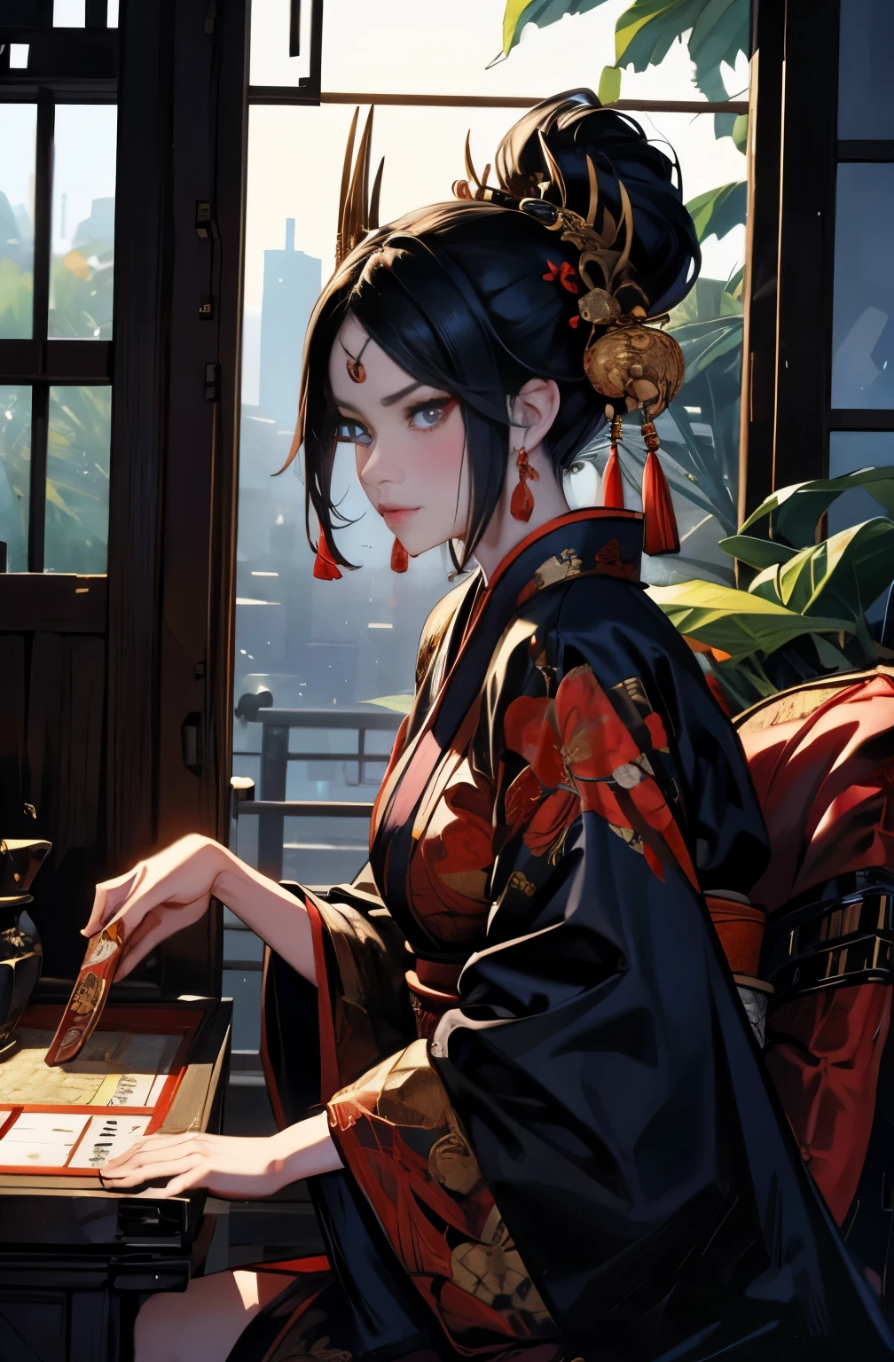 beautiful demon painting, 拳gunを持った鬼の女, strong female samurai, 2book corner, mouth with fangs, Eyes without pupils, gambling, Kumatori, Hyakka Ryōran, Flower of Shura, Looks like he's in his late 20s, beautiful black haired demon, sharp beauty, Beautiful red kimono, Oiran, highest ranking woman, Ghost Girl, Female Yakuza, Doji Ibaraki, Shuten Douji, Inspired by Chen Yifei, Inspired by Francesco Hayez, Inspired by Hendrik Terbruggen, Jean=Works that influenced Auguste Dominique Ingres, Inspired by Liu Jun, Jean=Works that influenced Auguste Dominique Ingres, highest quality, perfect angle, perfect composition, The perfect subject, best shot, official art, cinematic light, figurative art, Beautiful and expressive paintings, Beautiful artwork illustration, wonderful, cool beauty, clear, Mysterious, highest quality, official art, perfect composition, perfect angle, best shot, women only, sharp outline, pretty much beautiful face, The demon lurking in the darkness of Kyoto, Lord of Chimi-Mourou, A ruthless demon woman, demon queen, Female Yakuza, full body tattoo, Chaka, gun, wide, Rashomon, SakuraFubuki, Please refrain from, I'll let you die, raid, Located in Oryu, Shura Road, demon gambler, iron fire scene