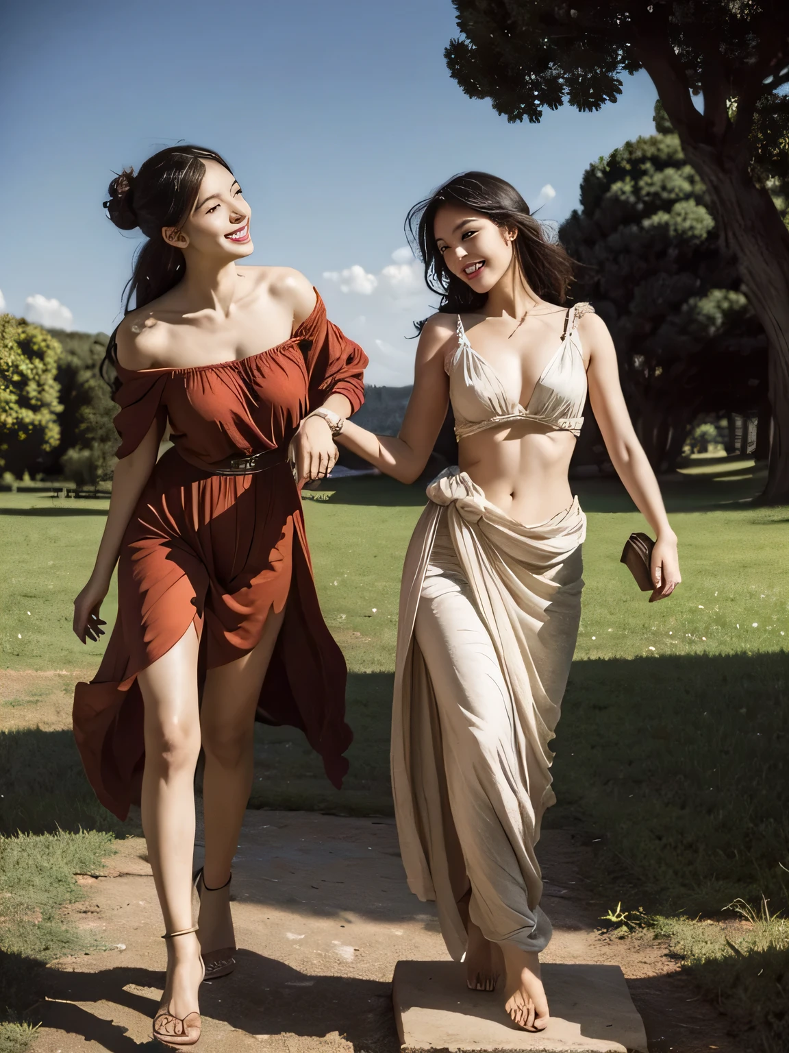 full body portrait or statue,ancient roman ruins,Poussin-style landscape,laughter,,Sweet and seductive appearance.、Caravaggio's paintings、Chiaroscuro of Caravaggio、hair tousled by the wind,Two women frolicking,cute smile, expression of ecstasy,Sexy,erotic