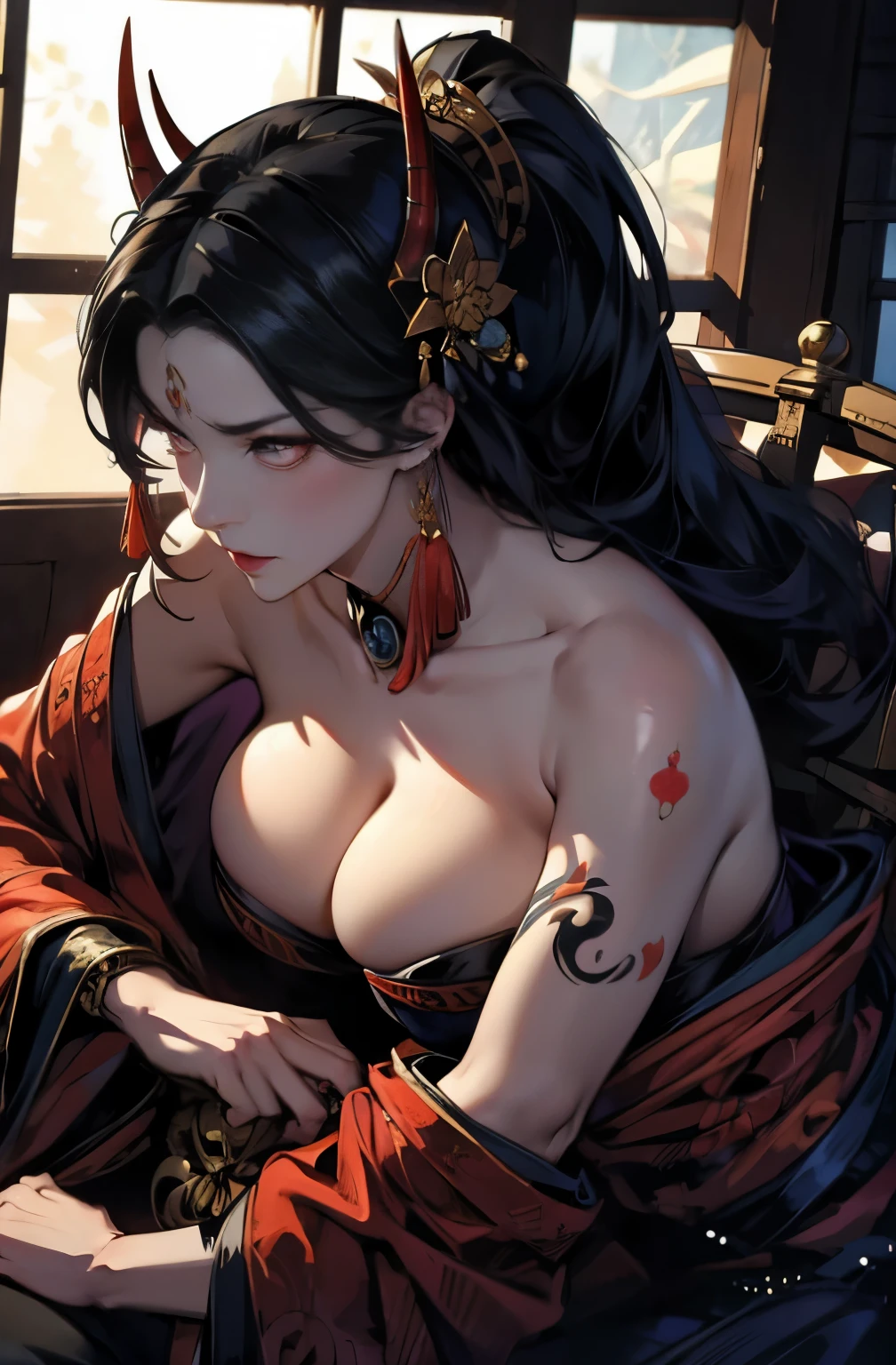 beautiful demon painting, 拳gunを持った鬼の女, strong female samurai, ２book corner, mouth with fangs, Eyes without pupils, gambling, Kumatori, Hyakka Ryōran, Flower of Shura, Looks like he&#39;s in his late 20s, beautiful black haired demon, sharp beauty, Beautiful red kimono, Oiran, highest ranking woman, Ghost Girl, Female Yakuza, Doji Ibaraki, Shuten Douji, Inspired by Chen Yifei, Inspired by Francesco Hayez, Inspired by Hendrik Terbruggen, Jean＝Works that influenced Auguste Dominique Ingres, Inspired by Liu Jun, Jean＝Works that influenced Auguste Dominique Ingres, highest quality, perfect angle, perfect composition, The perfect subject, best shot, official art, cinematic light, figurative art, Beautiful and expressive paintings, Beautiful artwork illustration, wonderful, cool beauty, clear, Mysterious, highest quality, official art, perfect composition, perfect angle, best shot, women only, sharp outline, pretty much beautiful face, The demon lurking in the darkness of Kyoto, Lord of Chimi-Mourou, A ruthless demon woman, demon queen, Female Yakuza, full body tattoo, Chaka, gun, wide, Rashomon, SakuraFubuki, Please refrain from, I&#39;ll let you die, raid, Located in Oryu, Shura Road, demon gambler, iron fire scene