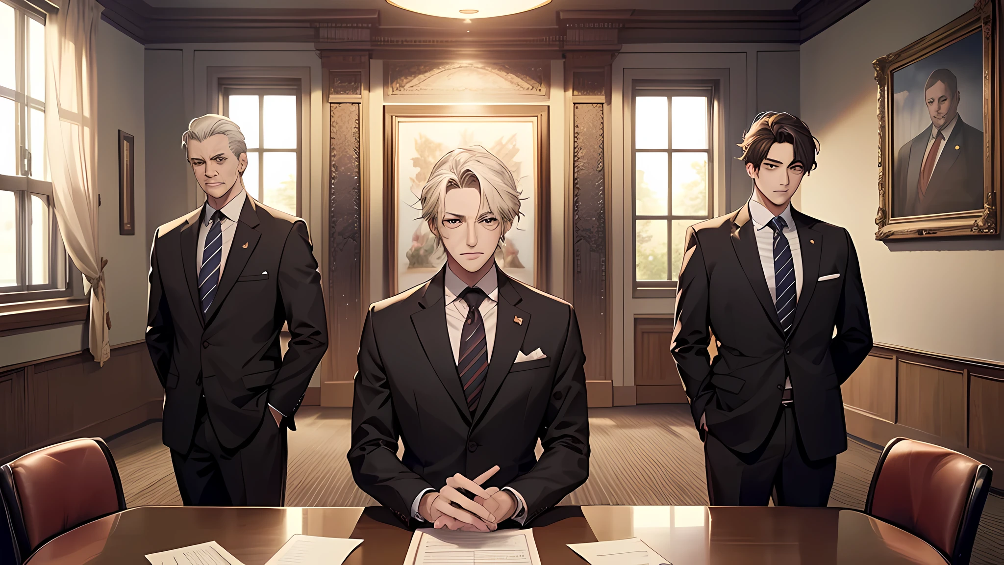 4 mature politicians, sitting in a conference room, dressed in suits, serious, looking at viewer, (masterpiece: 1.2), best quality, masterpiece, high resolution, original, extremely detailed, (extremely detailed CG: 1.2) anime style, quality masterpiece, perfect face