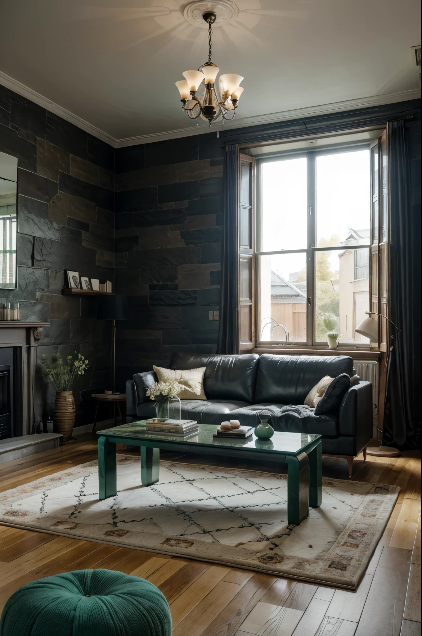 Wabi-sabi style living room,Slate background wall,Bright strip light from wall to top,Decorative painting,Minotti sofa,Classic floor lamp,There are decorative chandeliers,Light wool carpet,Malachite green luxury stone coffee table,Set of single sofas,Flowing window screens,floor to ceiling window,Great view