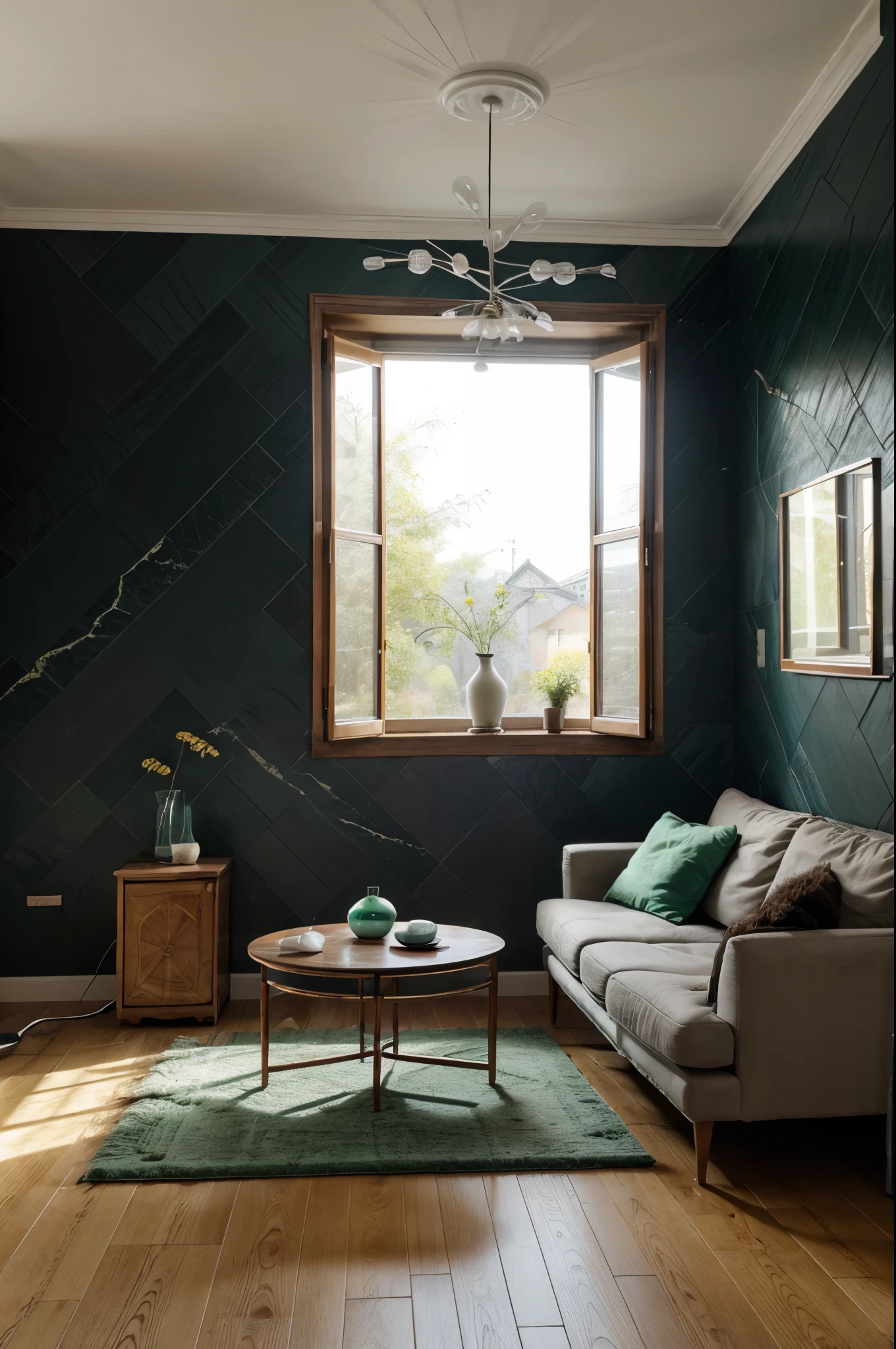 Wabi-sabi style living room,Slate background wall,Bright strip light from wall to top,Decorative painting,Minotti sofa,Classic floor lamp,There are decorative chandeliers,Light wool carpet,Malachite green luxury stone coffee table,Set of single sofas,Flowing window screens,floor to ceiling window,Great view