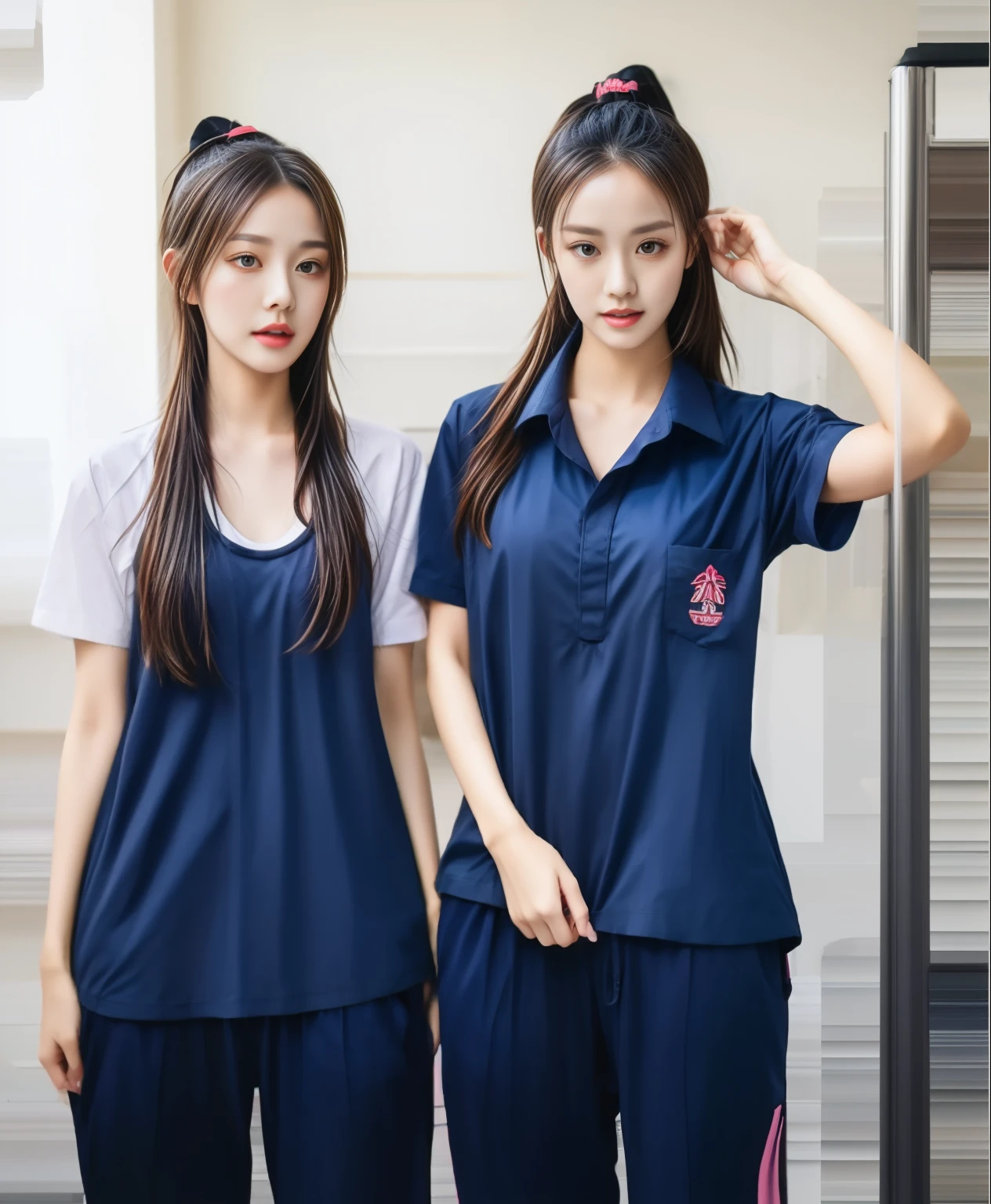 3 girls in fitness center, Navy blue short-sleeved shirt,Navy Long Trackpant,Sweatpants, Sweatpantsขายาว,25 year old girl, lesbian, sexy, exercise clothes, wet body, exercise clothes