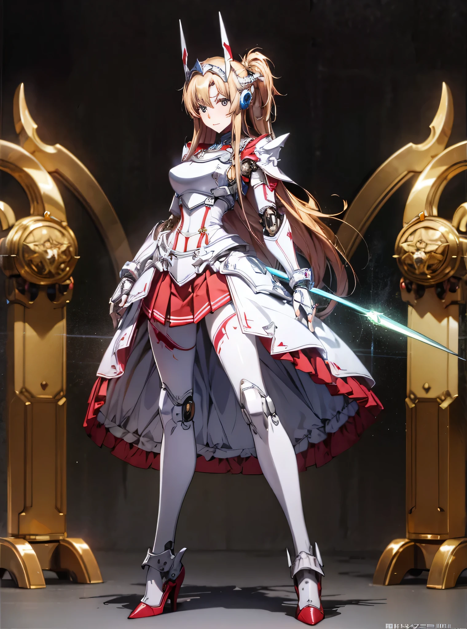 highest quality、unity 8k wallpaper、32K、masterpiece、Super detailed、ultra high resolution、ultra high resolution、android yuuki asuna、Blood Alliance Knight、Androidization、robot girl、Red molded armor and dress on a white background、mechanical limbs、mecha musume、mechanical parts、複雑に表現されたスーパーrobot joints、robot joints、robot fingertips、single mechanical arm、mechanical arm、headgear、headset、Complex mechanical bodies、Mechanical corset covered with dense armor.、stiletto heels、Realistic and complex camera eye、A complex fusion of body and machine、Legs covered in white and red armor、robot knee joint、mechanical fingers、Eyes like a mechanical camera、anatomically accurate machine、The whole body is covered with machines、covered in red and white armor、beautiful posture、upright、princess half up hairstyle、red pleated skirt、Thighs peeking out from the skirt、robot fingertips、abdomen covered with intricate armor、