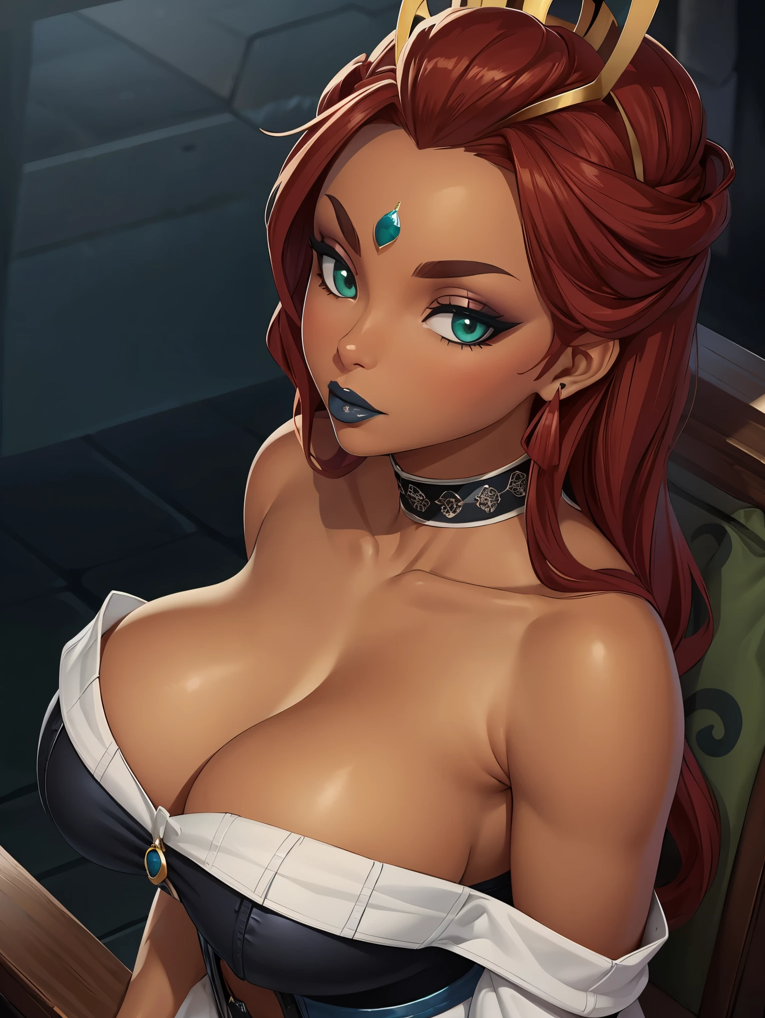 ((high detailed, best quality, 4k, masterpiece, hd:1.3)), ((best quality)), (((HD))), (((8k))), (ultraDH), (ultra HD), Snowy Forest background, snowflake pattern, green eyes, BREAK green eyes, seductive, attractive, smooth anime cg art, 36C breasts, long legs, vivid colors, detailed digital art, slim body, perfect skin, red hair, long hair, light hair, red hair, BREAK crown, cleavage, 36C cleavage, looking at viewer, BREAK looking at viewer, extremely detailed face, earrings, gem, dark blue makeup lips, dark gothic eyeshadows, dark eyeshadows, white eyeshadows, blue sexy lips, dark lips, very dark lips, (perfect hands, perfect anatomy), light makeup, blue medium lips, blue thick lips, detailed fingers, five fingers per hand, 5 fingers, (1 girl), detailed lips, detailed blue lips, blue painted lips, gothic painted lips, BREAK night, night sky, (breast focus), (arms outstreched:1.2), (from above:1.1), (breasts out:1.3), (off shoulder:1.1), (((corset))),