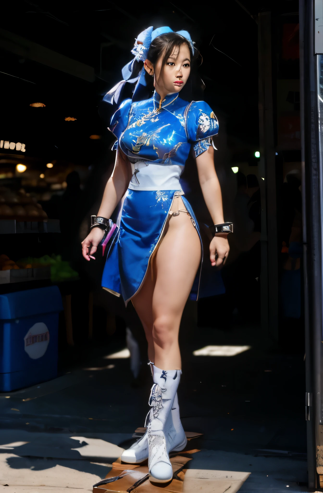 (Chun-Li), street fighter, belas coxas grossas, coxas sexys,, belos olhos escuros, olhos detalhados, belo rosto, brown pantyhose, botas brancas numa cidade chinesa de tarde, corpo inteiro, (((bunda grande))), ((foco bunda))
