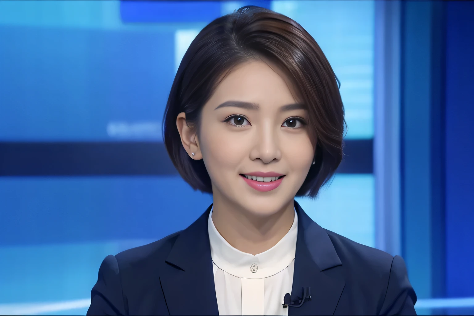 Highest image quality、ultra high resolution、1 girl in、pretty face、short hair､The announcer wears a tight long-sleeved suit、Sit in the studio、news caster