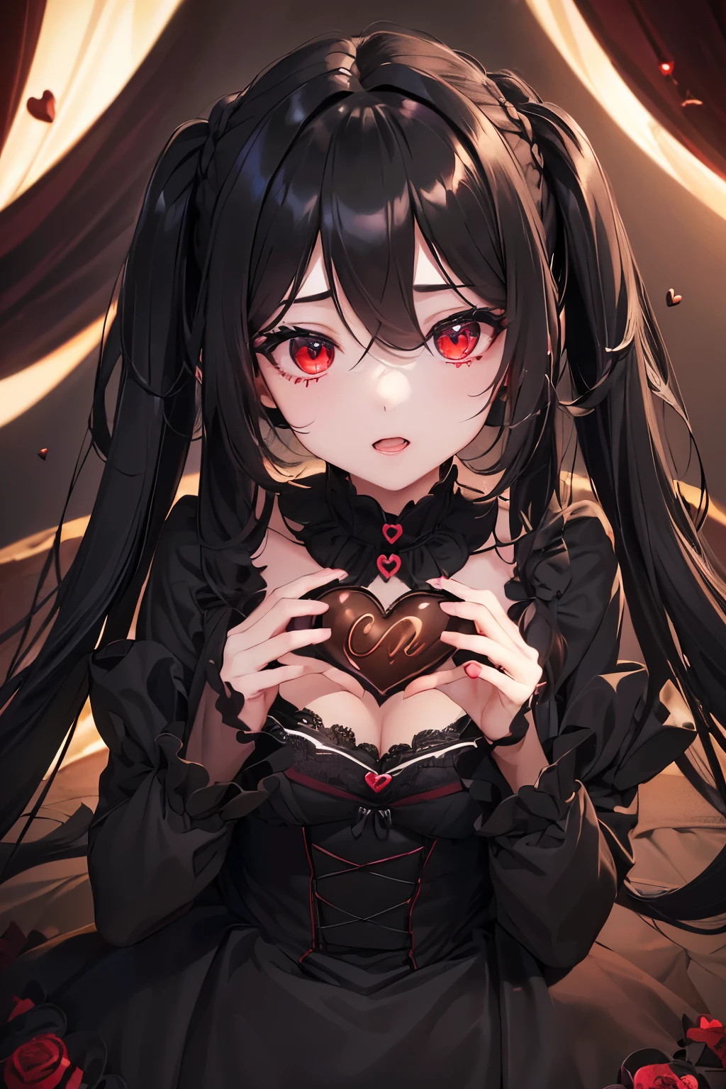 1girl,sense of deps,disorganized,catch light,Super beautiful illustrations,(((chocolate,heart-shaped))),valentine's day,((black color,long hairstyles:1.3)),dark dark eyeshadow,(((4K,super beautiful,In detail,red eyes))),Expressionless,bright red lipstick,gothic ta,;D,beautiful and delicate hair,emphasize the chest