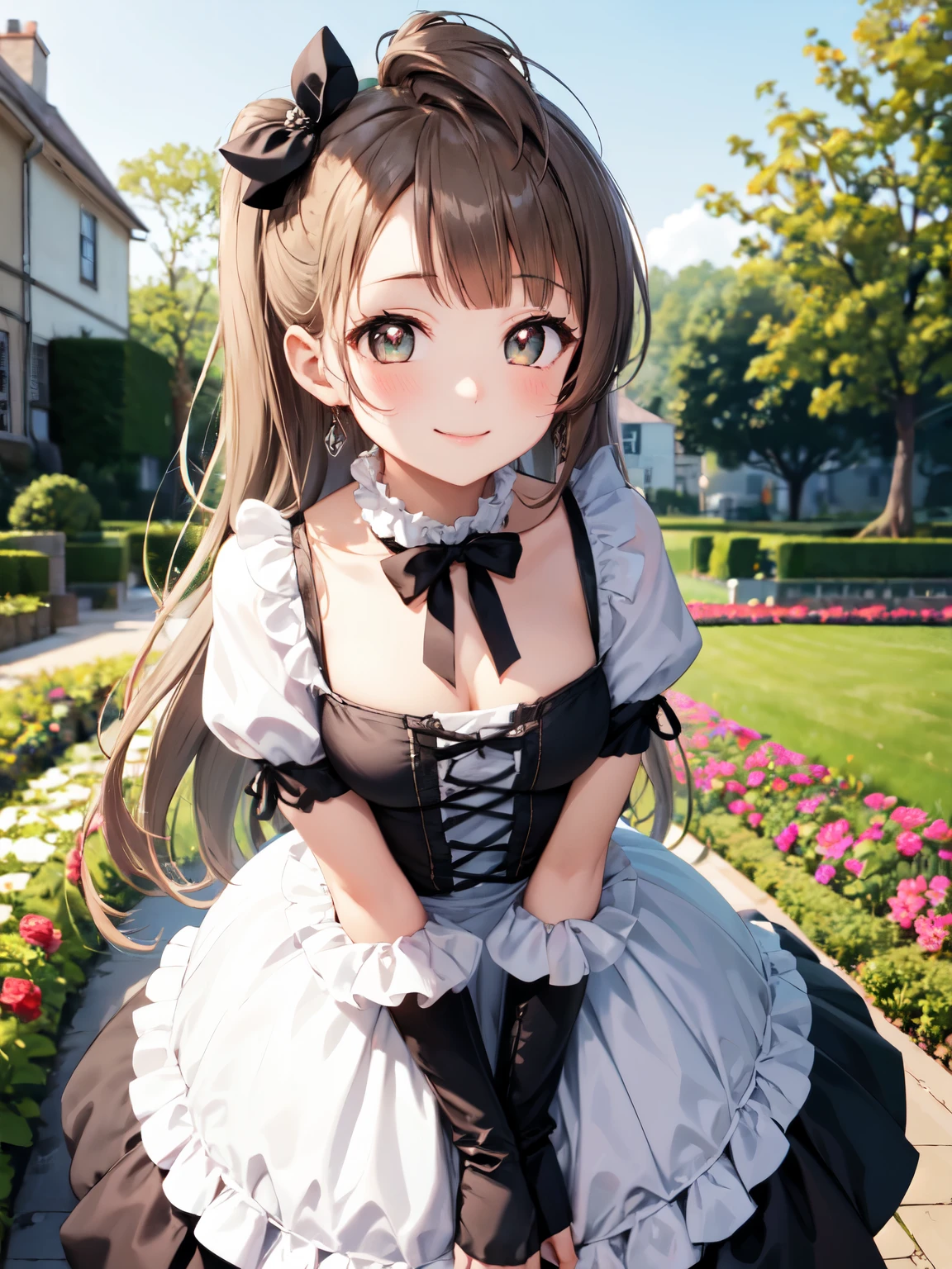 highest quality、leaning forward,place your arms behind your back、 [3D images:1.15]、garden、全体的にlong hair、1 girl, smile, Kotori, long hair, brown hair、bright pupils、open chest、Goth  style、gothic lolita clothes、Cute skirt、skirt, white skirt、absolute reference to center、leaning forward