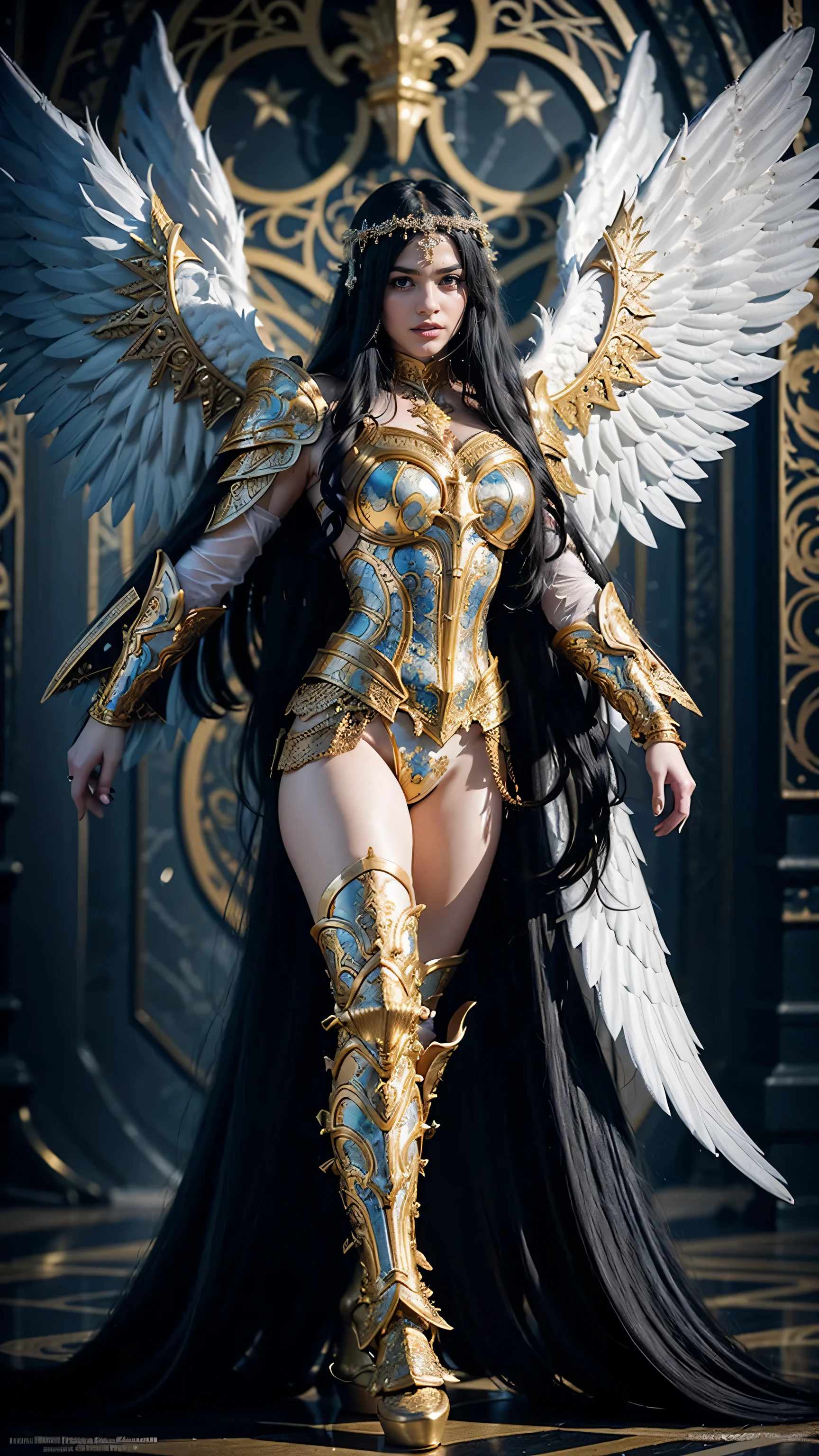 It depicts a beautiful medium-sized busted woman flying full body with large wings in intricate white and gold armor. The armor is highly detailed and beautiful. Decorated with intricate designs and patterns. She has long flowing black hair that contrasts beautifully with the metallic color of the armor. The background is dark and blurred to ensure that the focus remains on the armor.