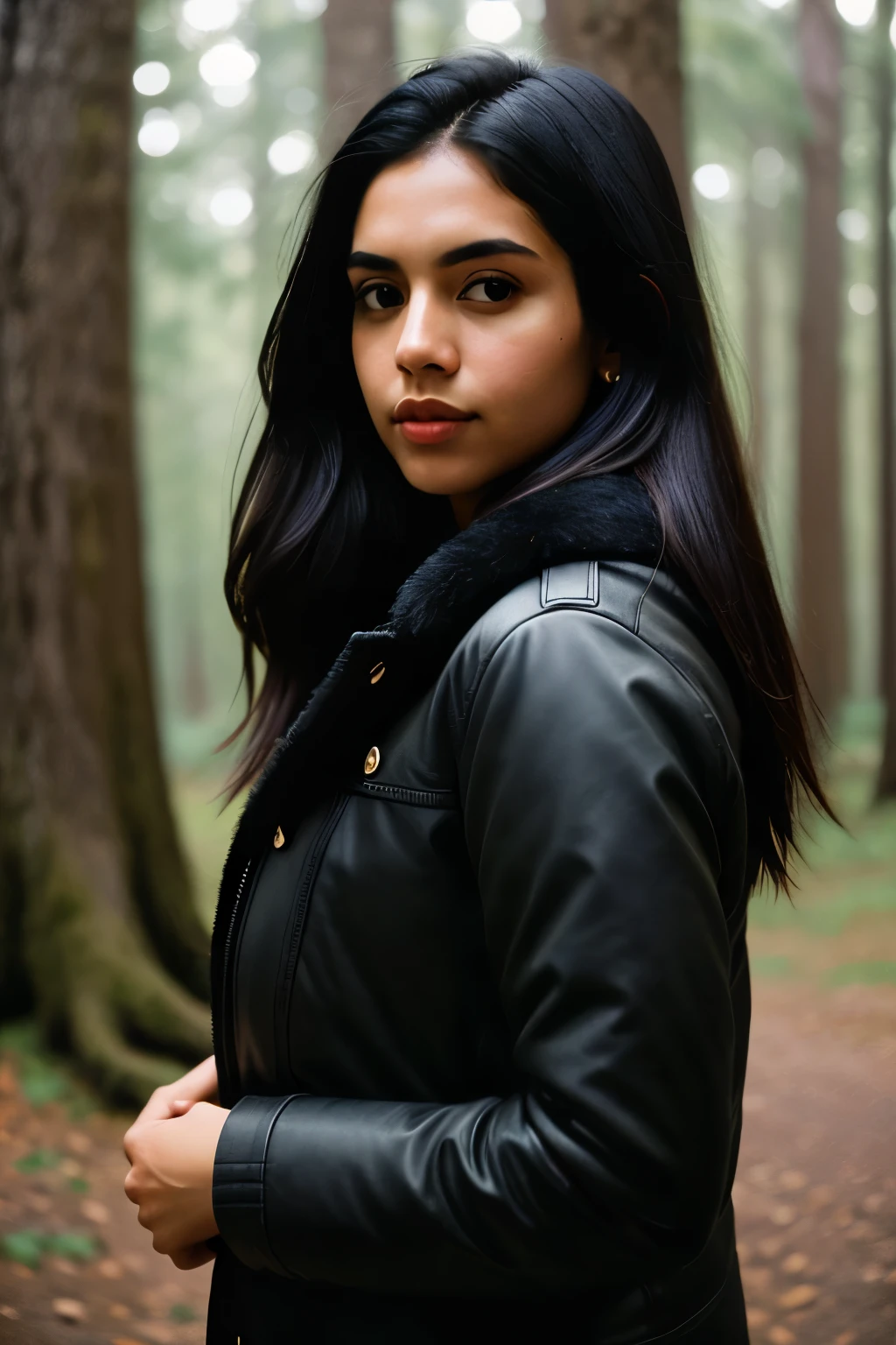 photograph of a woman, (sympathetic expression on his face), ultra-textured leather, goosebumps, jet black hair half up and half down, faux fur lined parka with skinny jeans , full breasts , the face looks straight into the camera from the front, tall ancient mahogany trees, creating a feeling of wonder and awe, Perfect eyes, ((hard lighting:1.4)), Velvia 100 color, shot on CineStill 800T, hips, sharp focus on the subject, photographed by Manuela Marquez