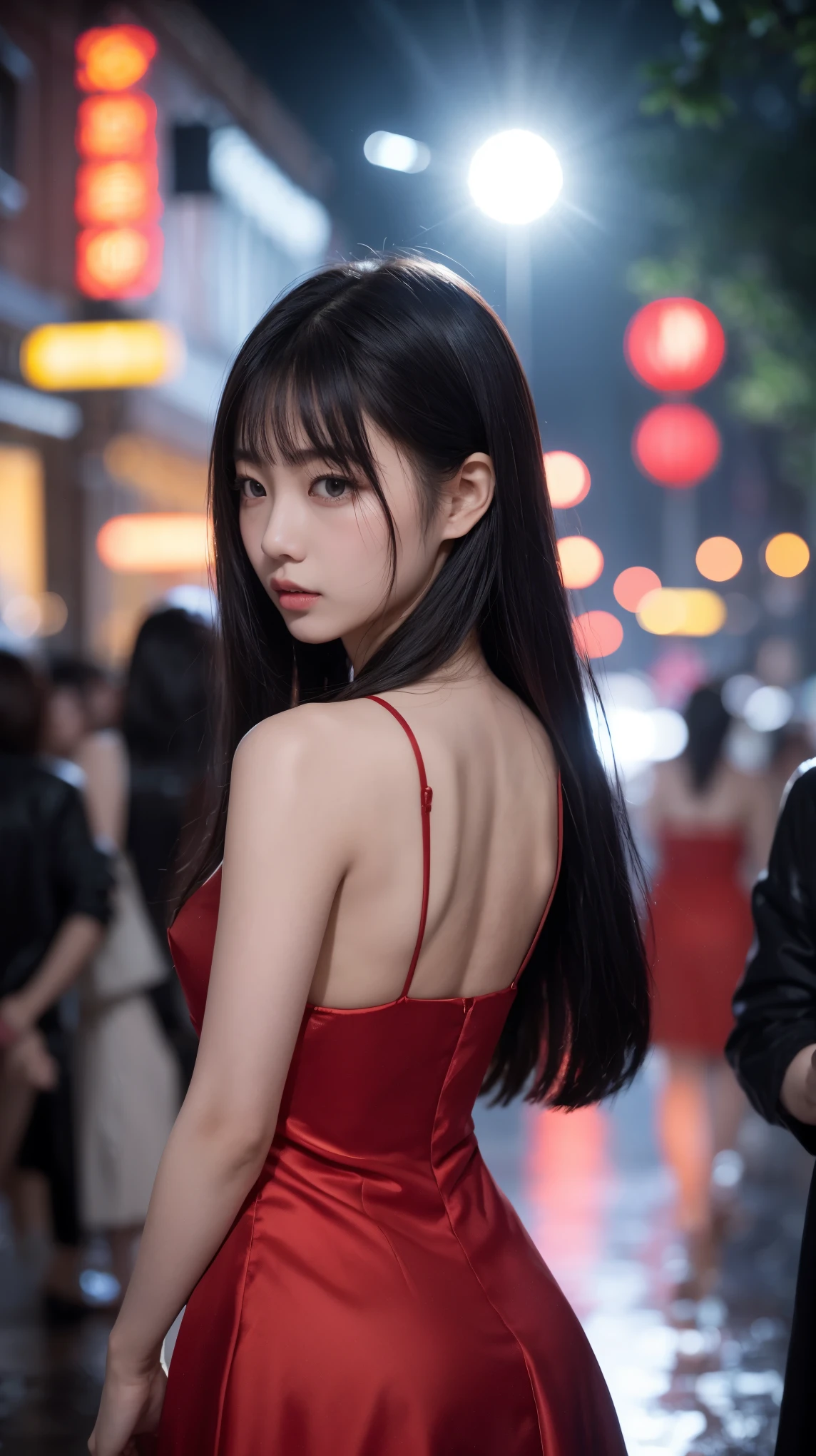 1 girl,独自of,long hair,粗糙of皮肤,from behind,Face focus,(looking at the audience:1.2),湿of头发,黑暗of,Polaroid,(depth_of_site:1.5),rain,outdoor,street,眼睛之间of头发,喜怒无常of灯光,Tyndall effect,Cinema lighting,night,lamp post,lens flare,available light,rim light,发光of霓虹灯,弯曲of,red silk dress,korean girl,