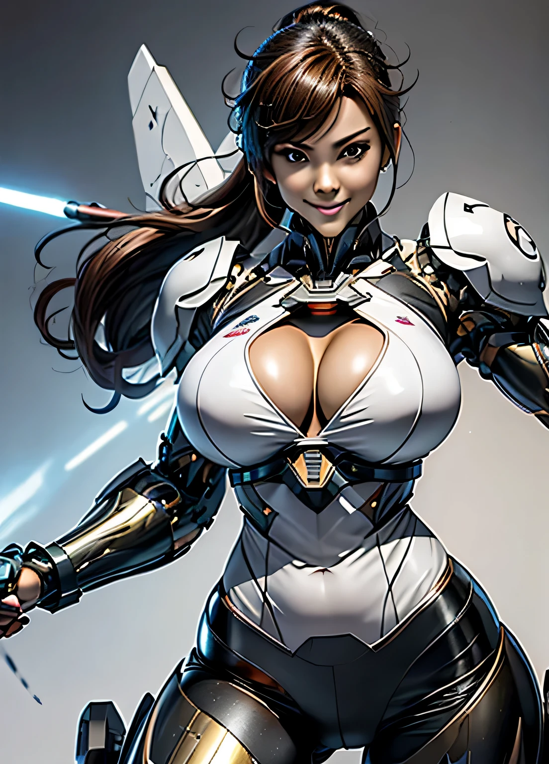rough skin, Super detailed, advanced details, high quality, 最high quality, High resolution, 1080P, hard disk, beautiful,(cyborg),(Missiles from the chest),(machine gun from both hands),beautifulcyborgの女性,メカcyborg少女,battle mode,Mecha body girl,彼女は武器を持ったバトルcyborgメカを身に着けています,full body armored、Chest armor、full body shot、luscious lips, (smoky eye makeup:0.85), (big and full breasts:1.5)、,Generous smile