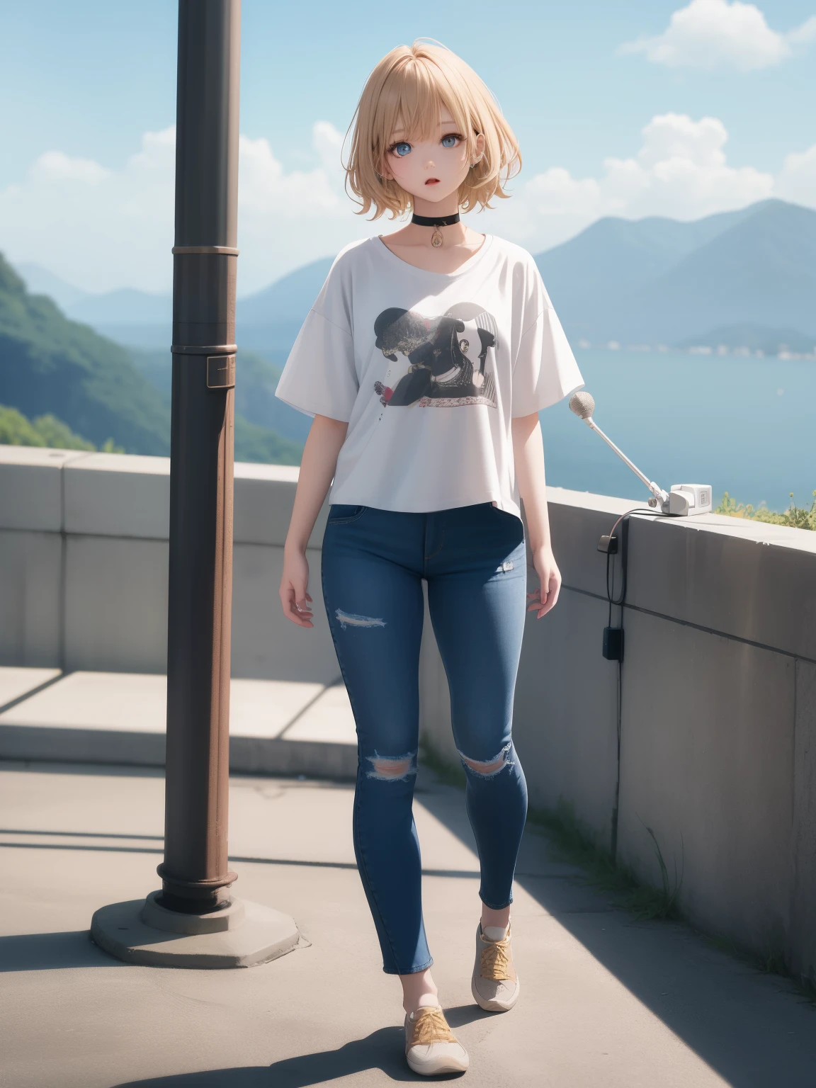 3 year old girl wearing an oversized white T-shirt and jeans singing with a microphone, beige hair、hair with volume, casual fashion clothes, Harajuku fashion、model standing、Full body figure、gaze looking at the camera、blue eyes、detailed eyes、choker、highest quality、８ｋ、super detailed、spectacular scenery、