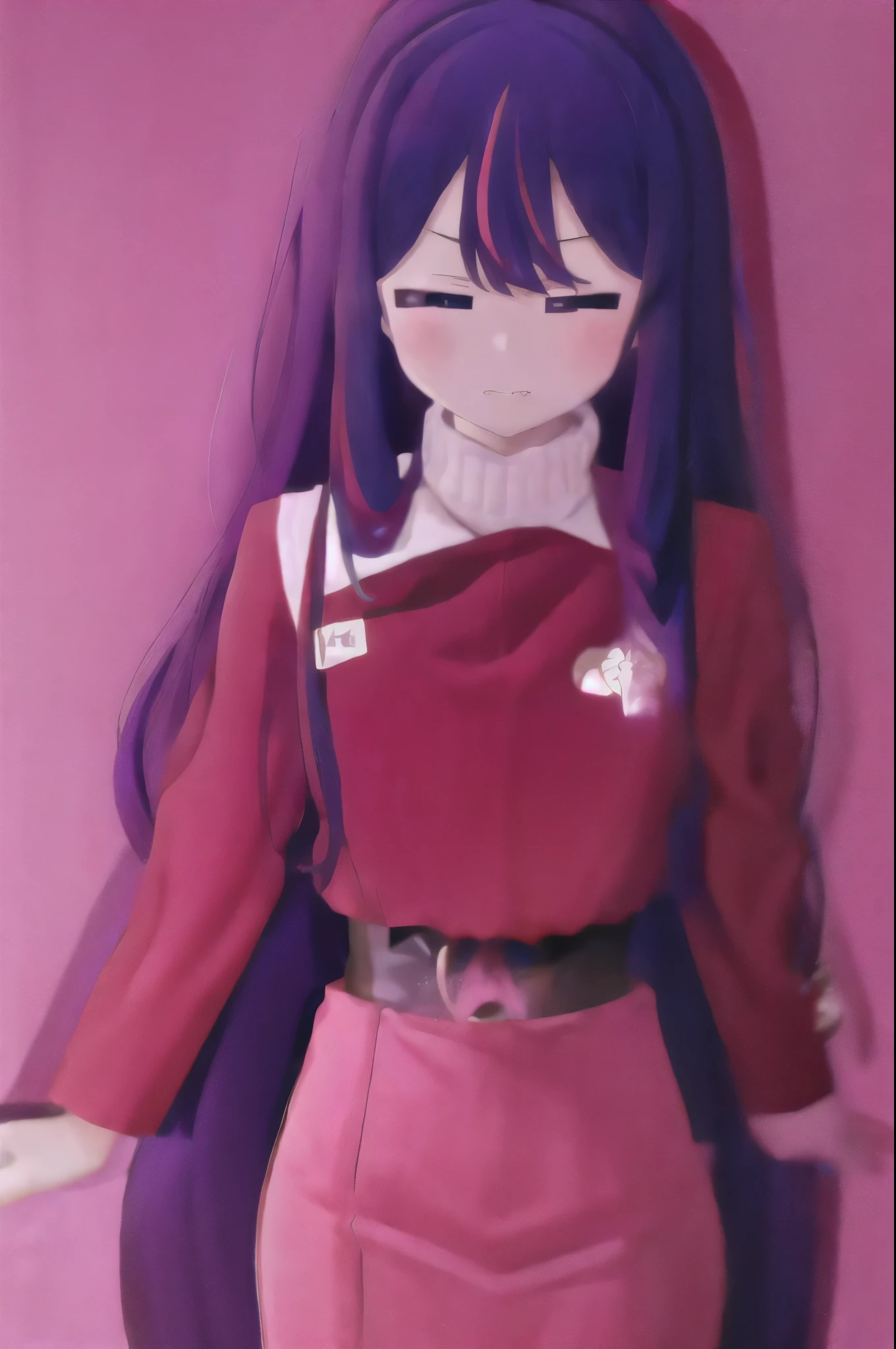 Hoshino Ai, long hair, purple hair, streaked hair ,purple eyes, star-shaped pupils, hair ornament, red twokunf uniform expression