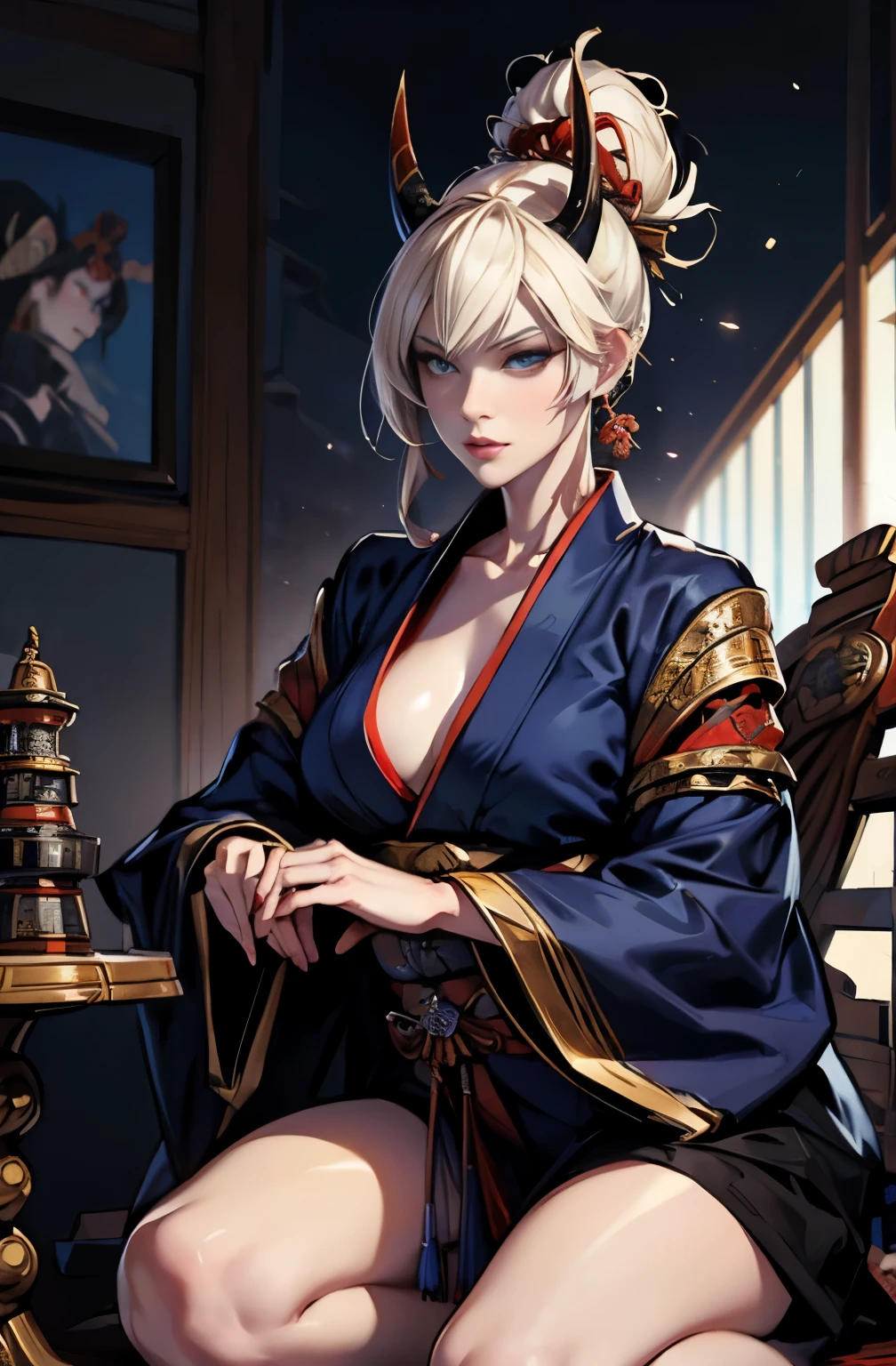 beautiful female samurai painting, 太knifeを持った鬼の女, dice game, Suronin, Shura Road, A skilled female swordsman, Dice throw, Japanese peony enthusiast, wanderer, knife, 妖knife, knife, 長いknife, 赤いknife, strong female samurai, ２book corner, mouth with fangs, Eyes without pupils, gambling, Hyakka Ryōran, Flower of Shura, platinum blonde demon, Beautiful red kimono, Female Yakuza, Doji Ibaraki, Shuten Douji, Inspired by Chen Yifei, Inspired by Francesco Hayez, Inspired by Hendrik Terbruggen, Jean＝Works that influenced Auguste Dominique Ingres, Inspired by Liu Jun, Jean＝Works that influenced Auguste Dominique Ingres, highest quality, perfect angle, perfect composition, The perfect subject, best shot, official art, cinematic light, figurative art, Beautiful and expressive paintings, Beautiful artwork illustration, wonderful, cool beauty, clear, Mysterious, highest quality, official art, perfect composition, perfect angle, best shot, women only, sharp outline, pretty much beautiful face, The demon lurking in the darkness of Kyoto, Lord of Chimi-Mourou, A ruthless demon woman, demon queen, Female Yakuza, full body tattoo, Danbilla, 妖knife, wide, Rashomon