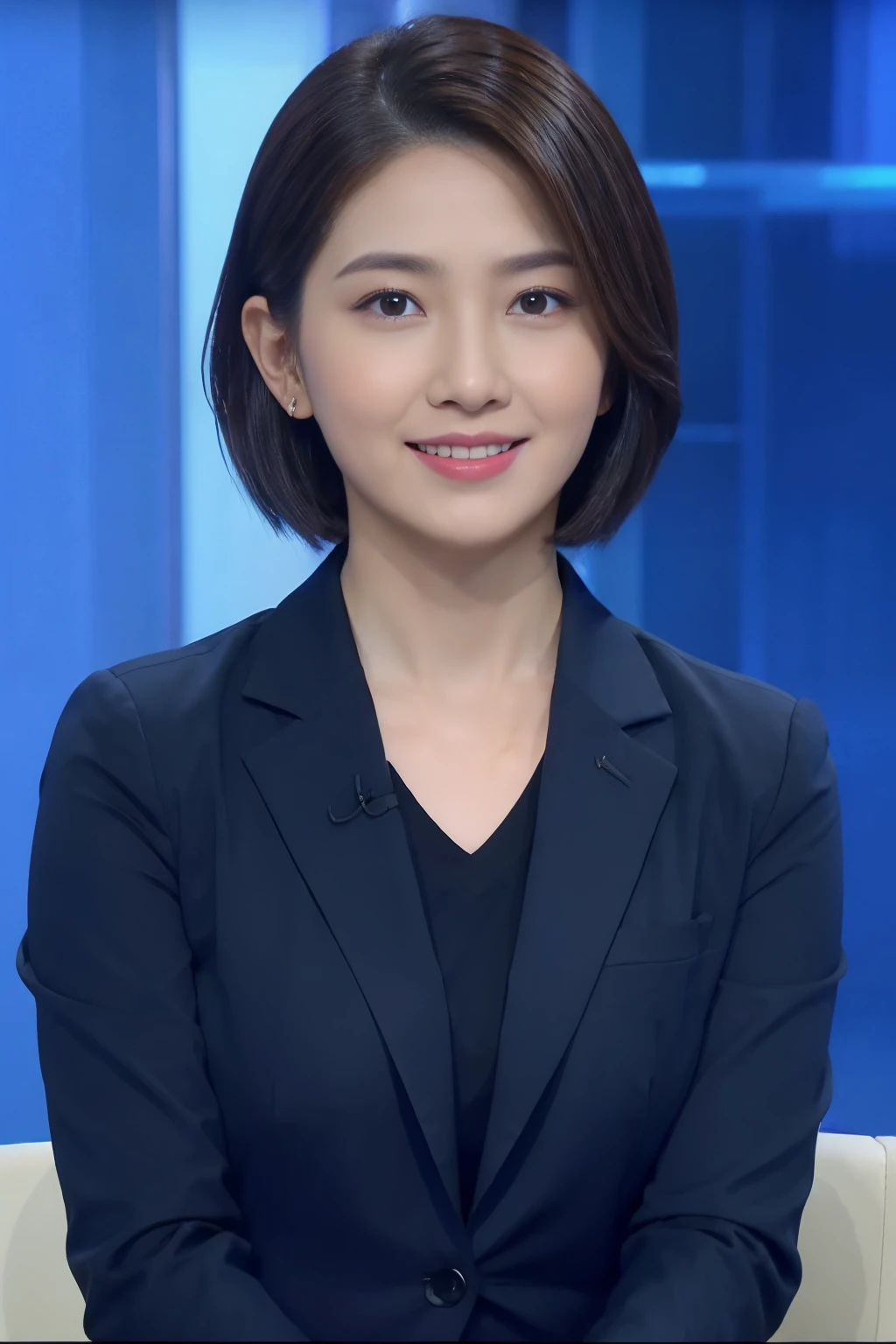 highest image quality、ultra high resolution、1 girl in、beautiful face、short hair､Announcer wearing tight long-sleeved suit、Sit in the studio、news caster