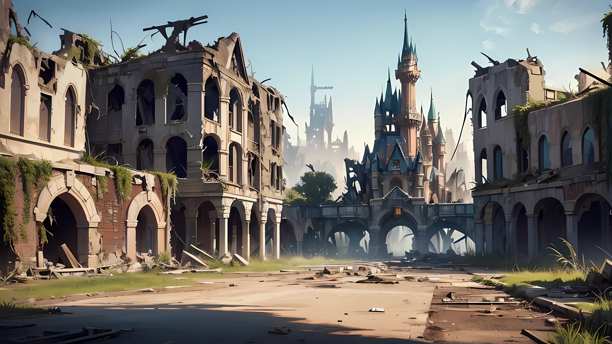 Post-apocalyptic Disneyland, ((Ruin, Destroyed buildings)), There are practically no surviving buildings, (Everything is overgrown with bushes and grass, desolation), Mid-range photos, (professional photo of a, Clear image, Maximum Quality, Maximum resolution), bright colours